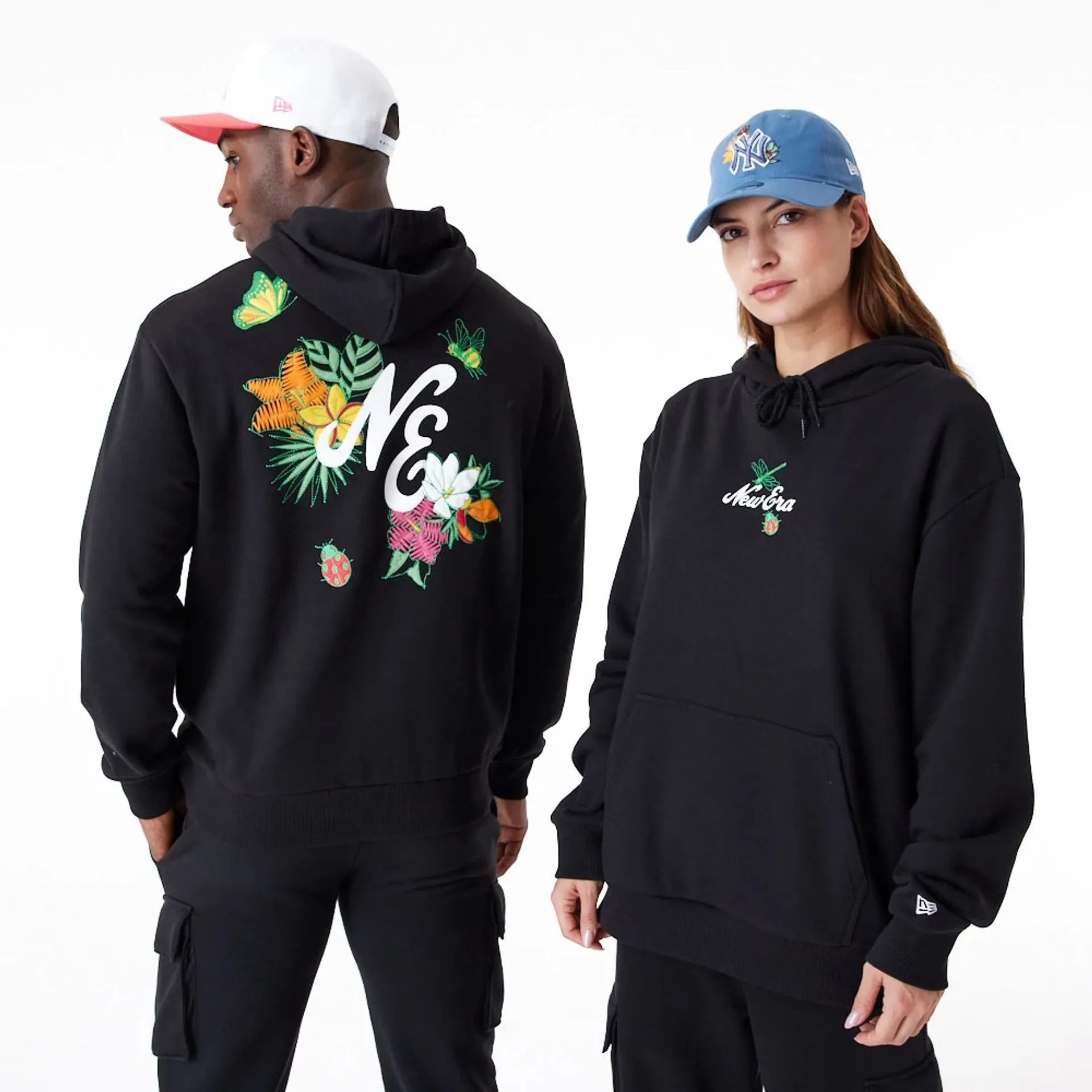 New Era Floral Graphic Black Oversized Pullover Hoodie