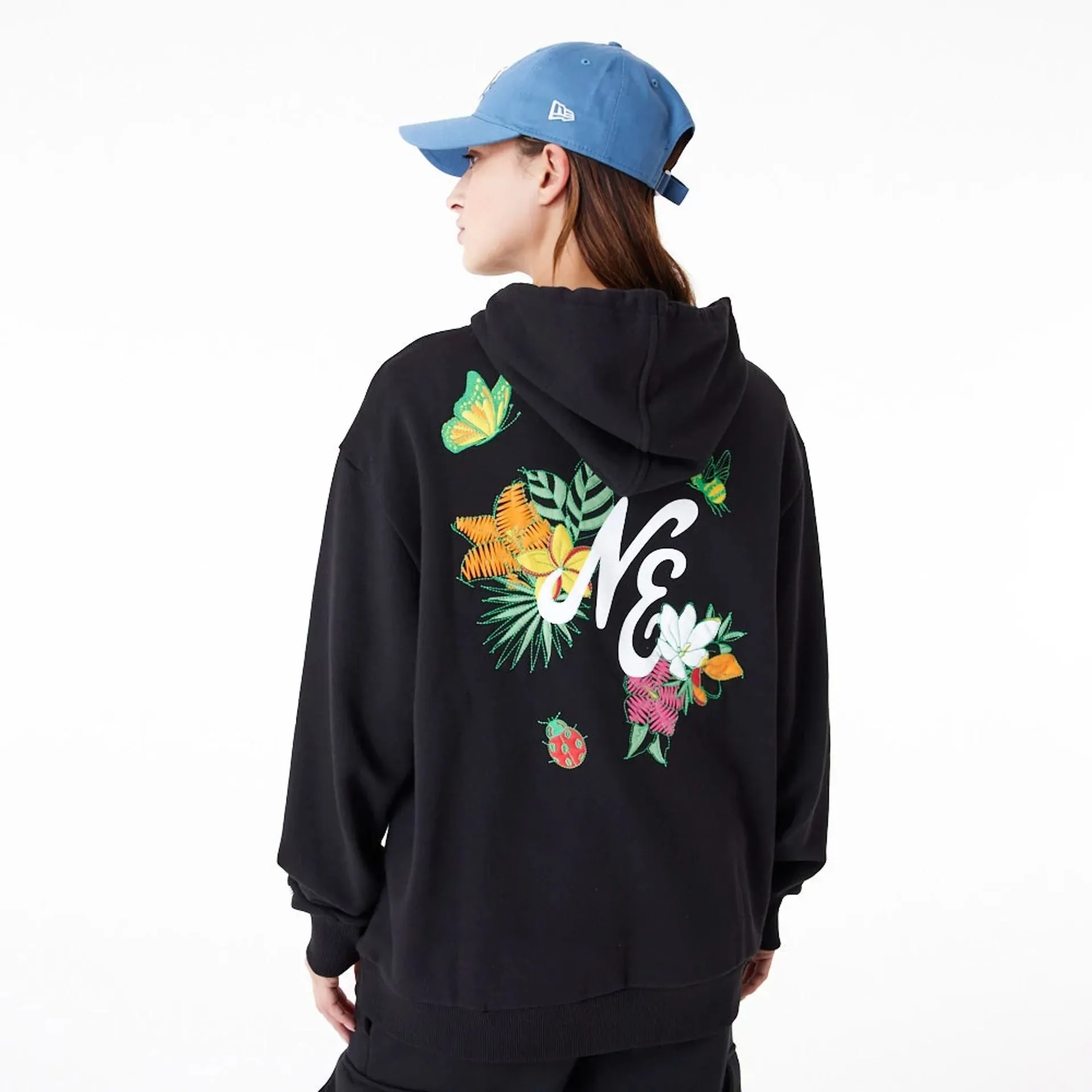 New Era Floral Graphic Black Oversized Pullover Hoodie