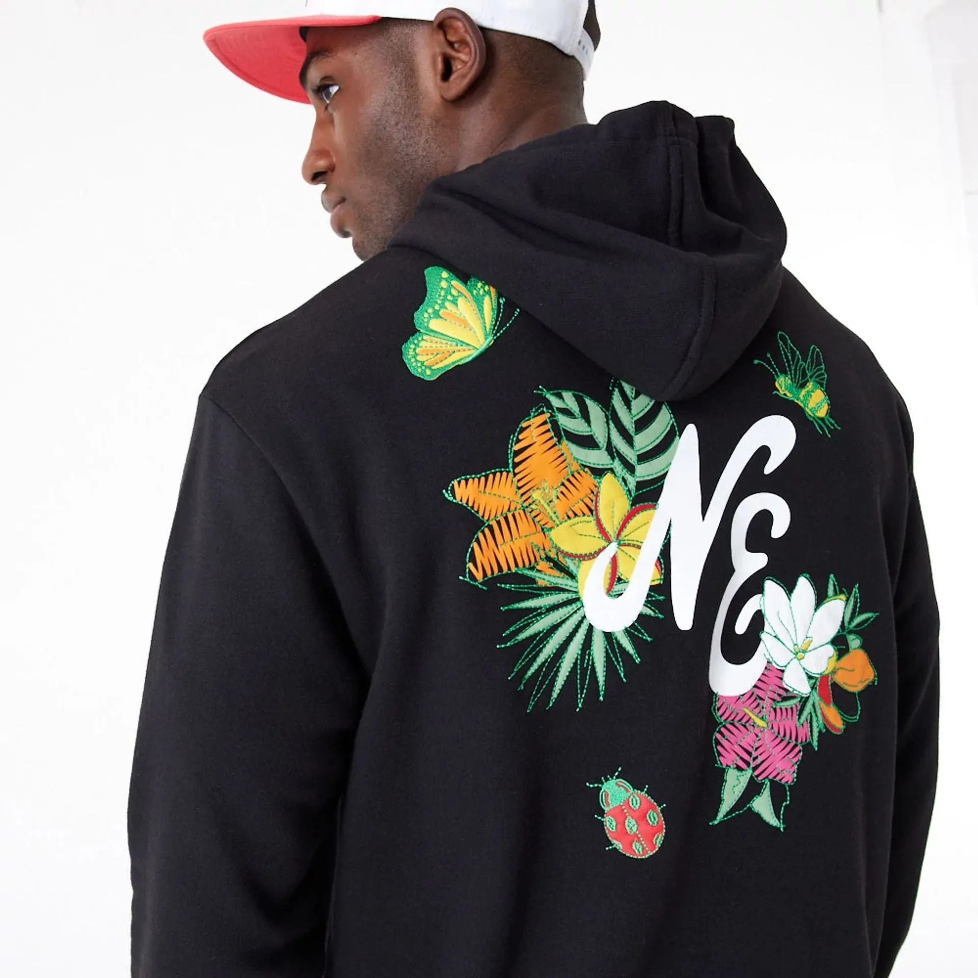 New Era Floral Graphic Black Oversized Pullover Hoodie