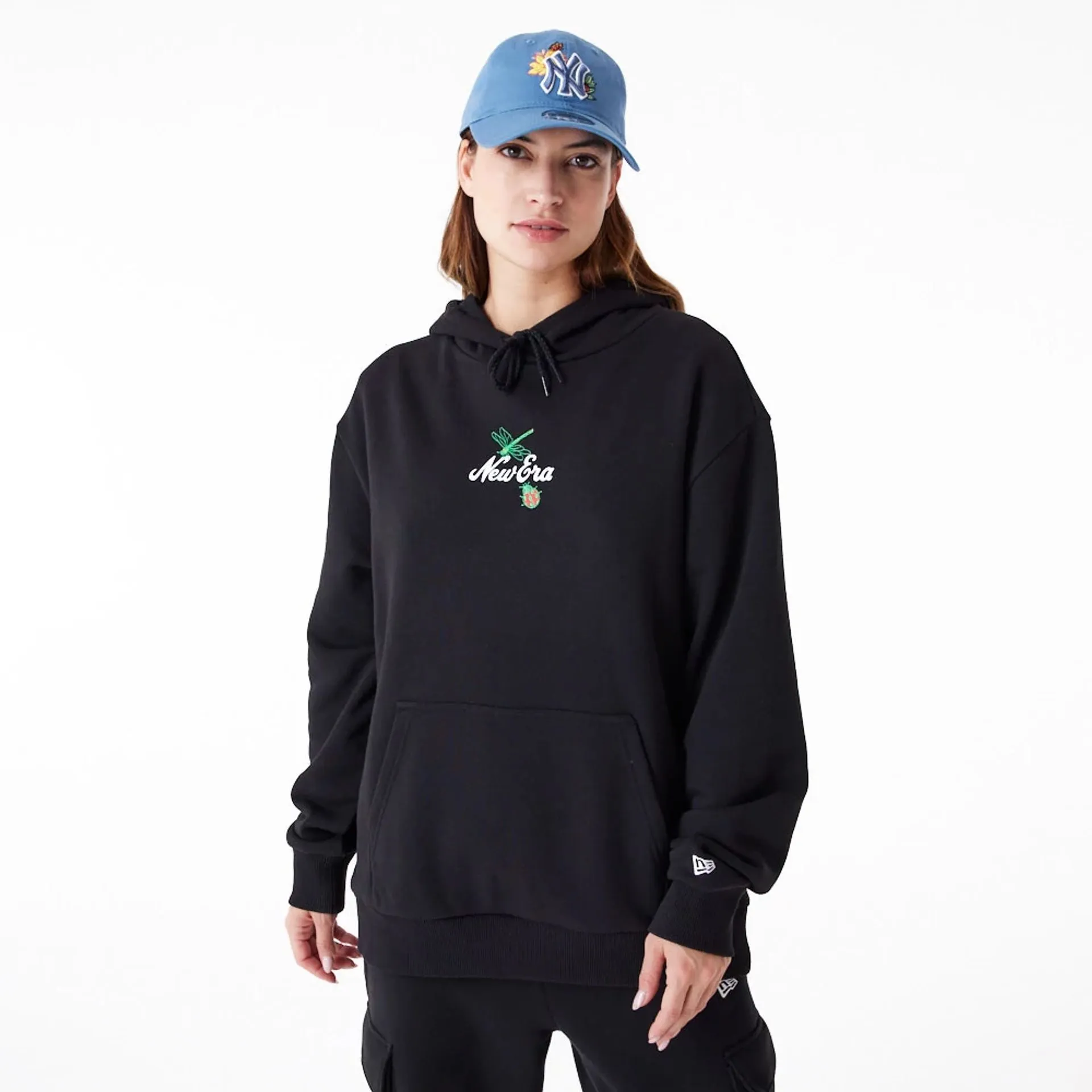 New Era Floral Graphic Black Oversized Pullover Hoodie