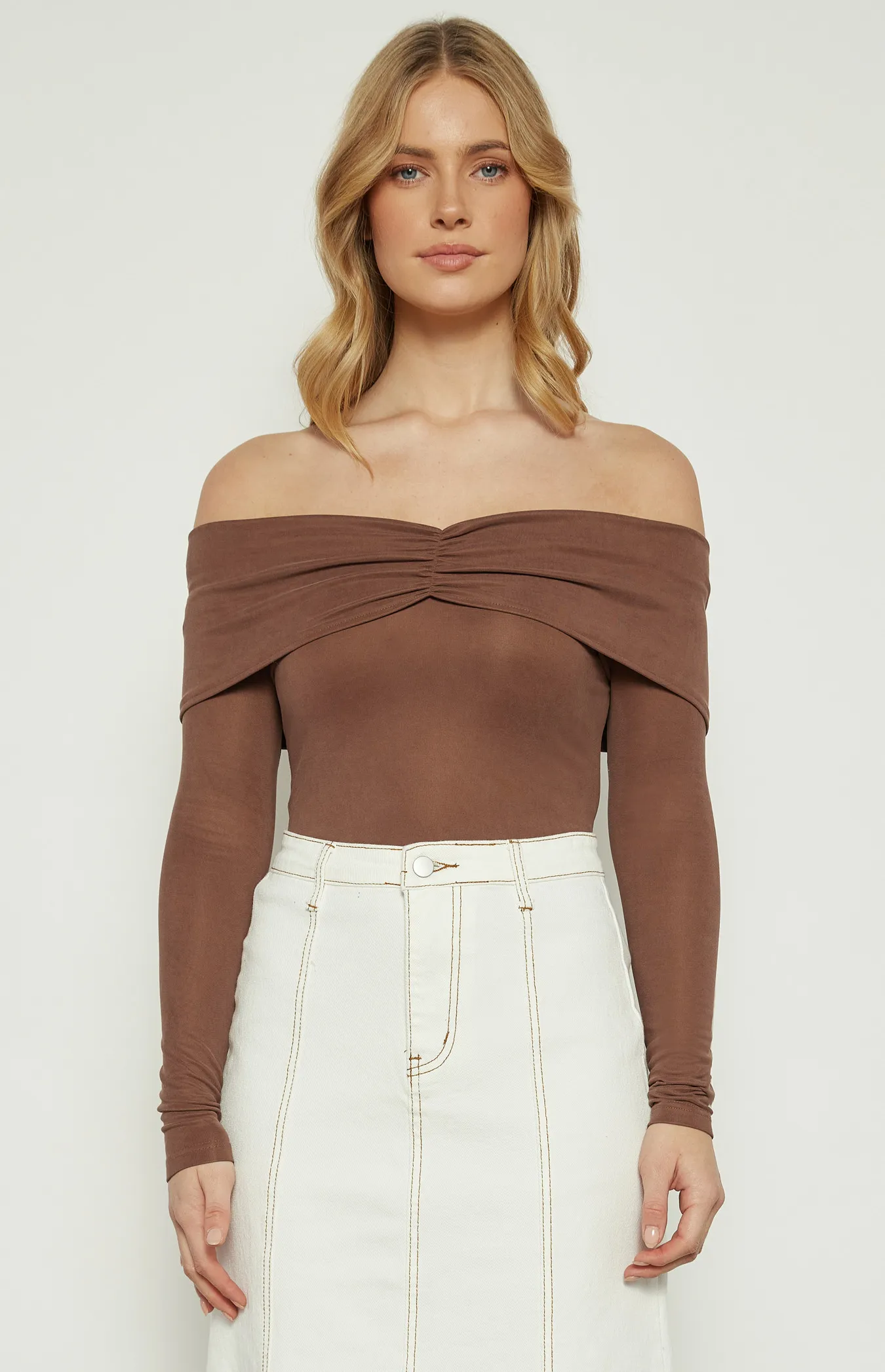 Off Shoulder Top with Front Ruched Detail (WTO576B)