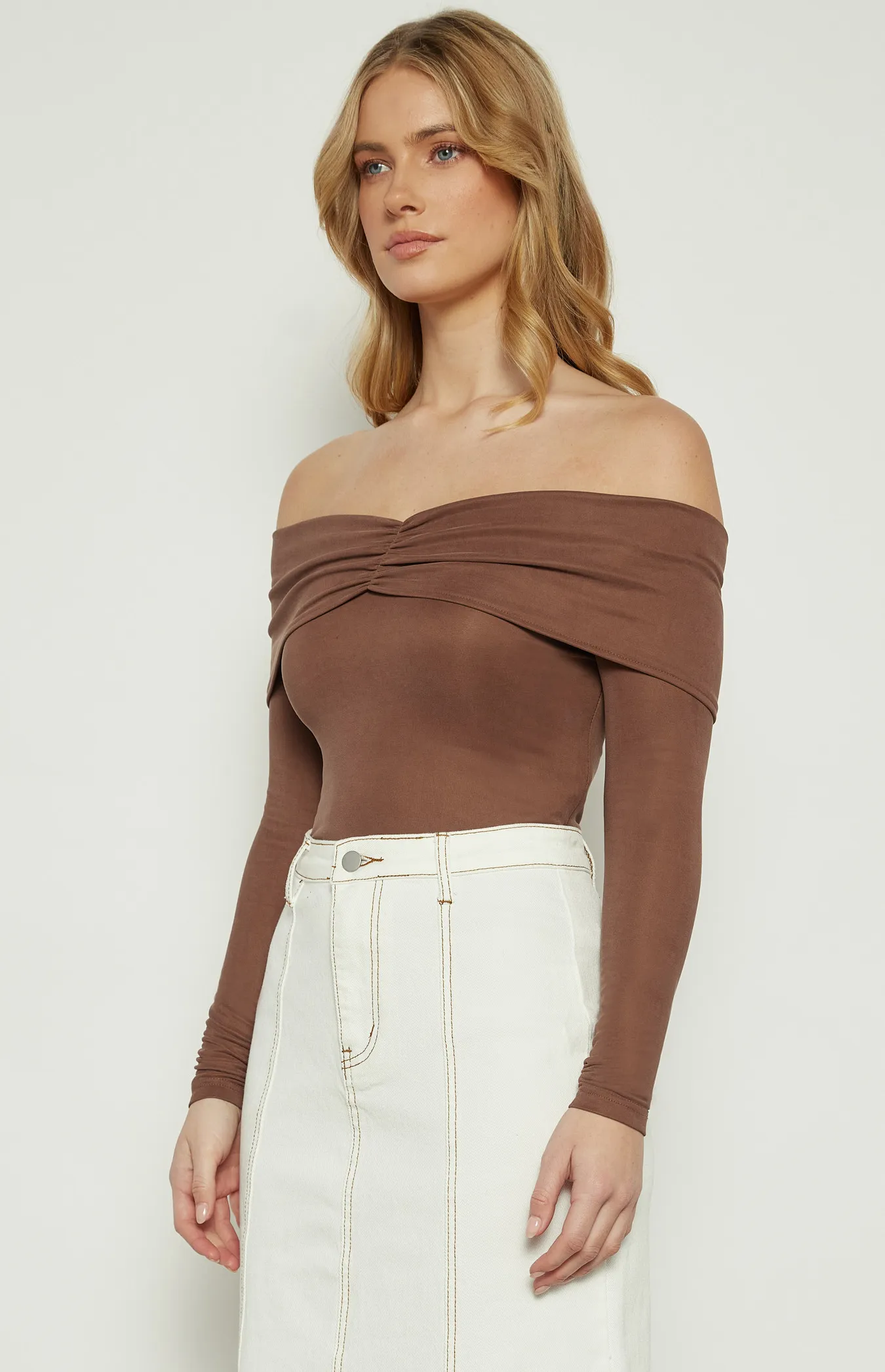 Off Shoulder Top with Front Ruched Detail (WTO576B)