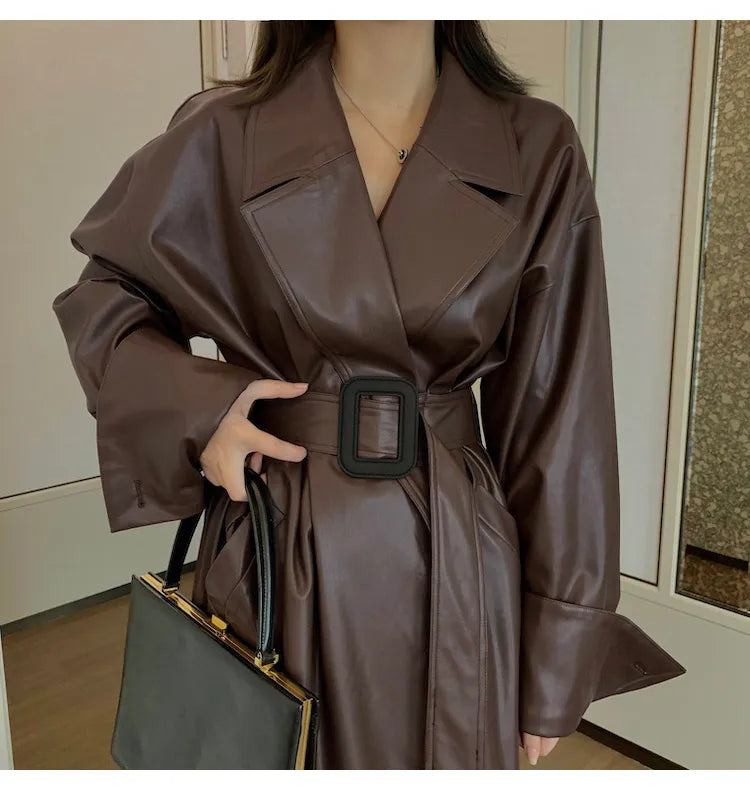 Oversized Leather Trench Coat with Long Sleeves for Women