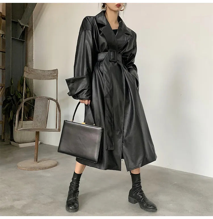 Oversized Leather Trench Coat with Long Sleeves for Women