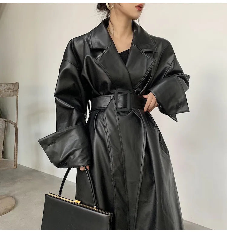 Oversized Leather Trench Coat with Long Sleeves for Women