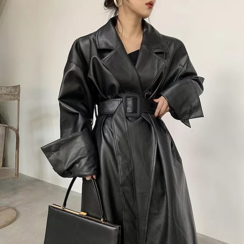 Oversized Leather Trench Coat with Long Sleeves for Women