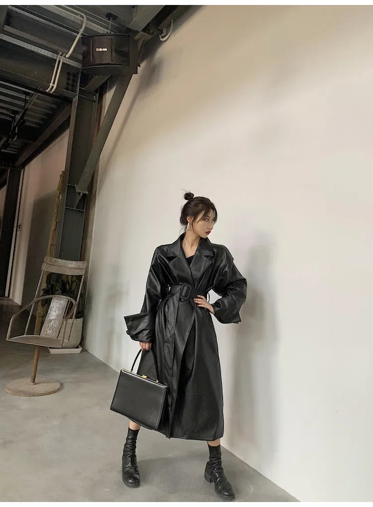 Oversized Leather Trench Coat with Long Sleeves for Women