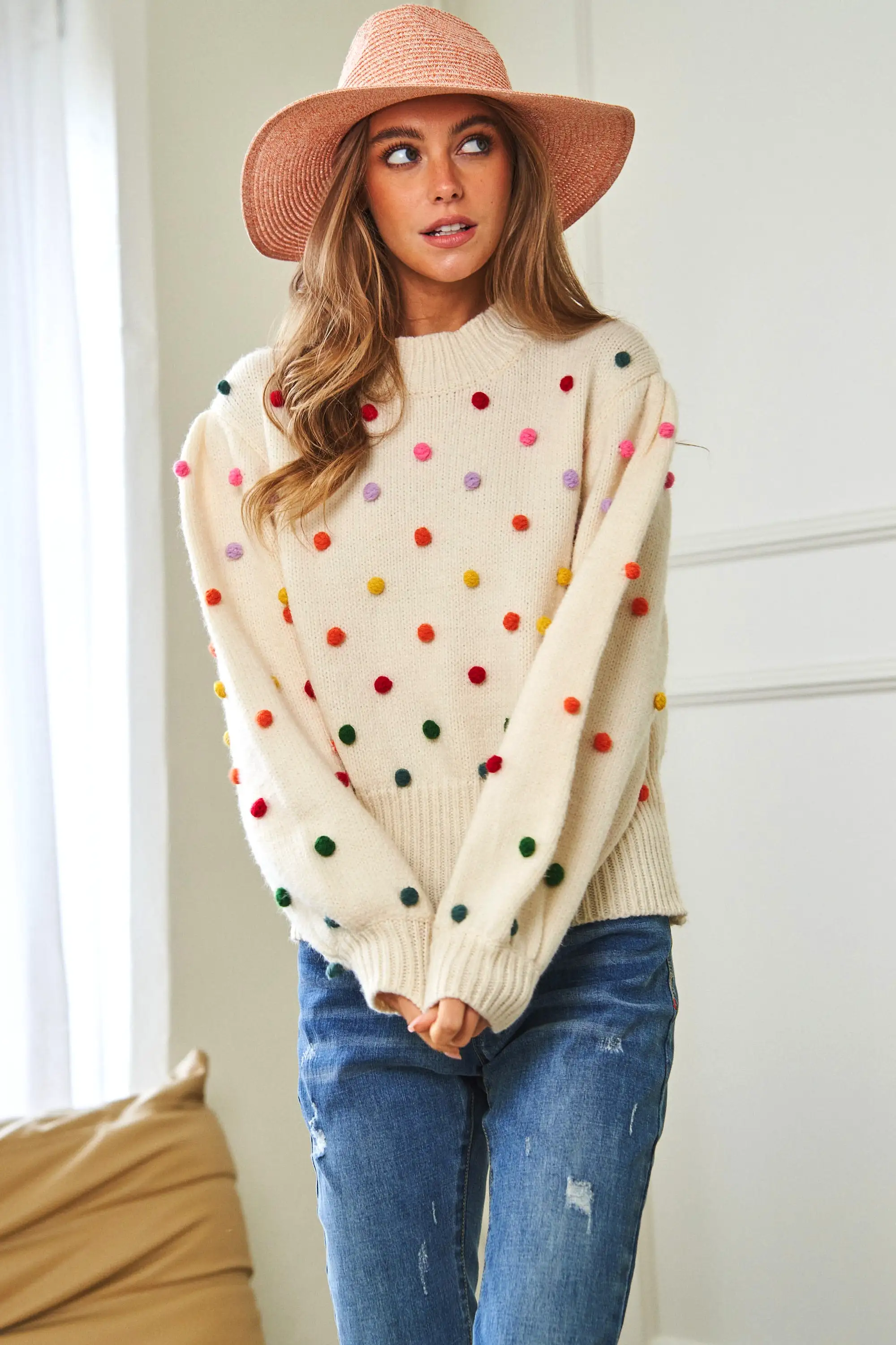 Party Isn't Over Pom Sweater - Cream