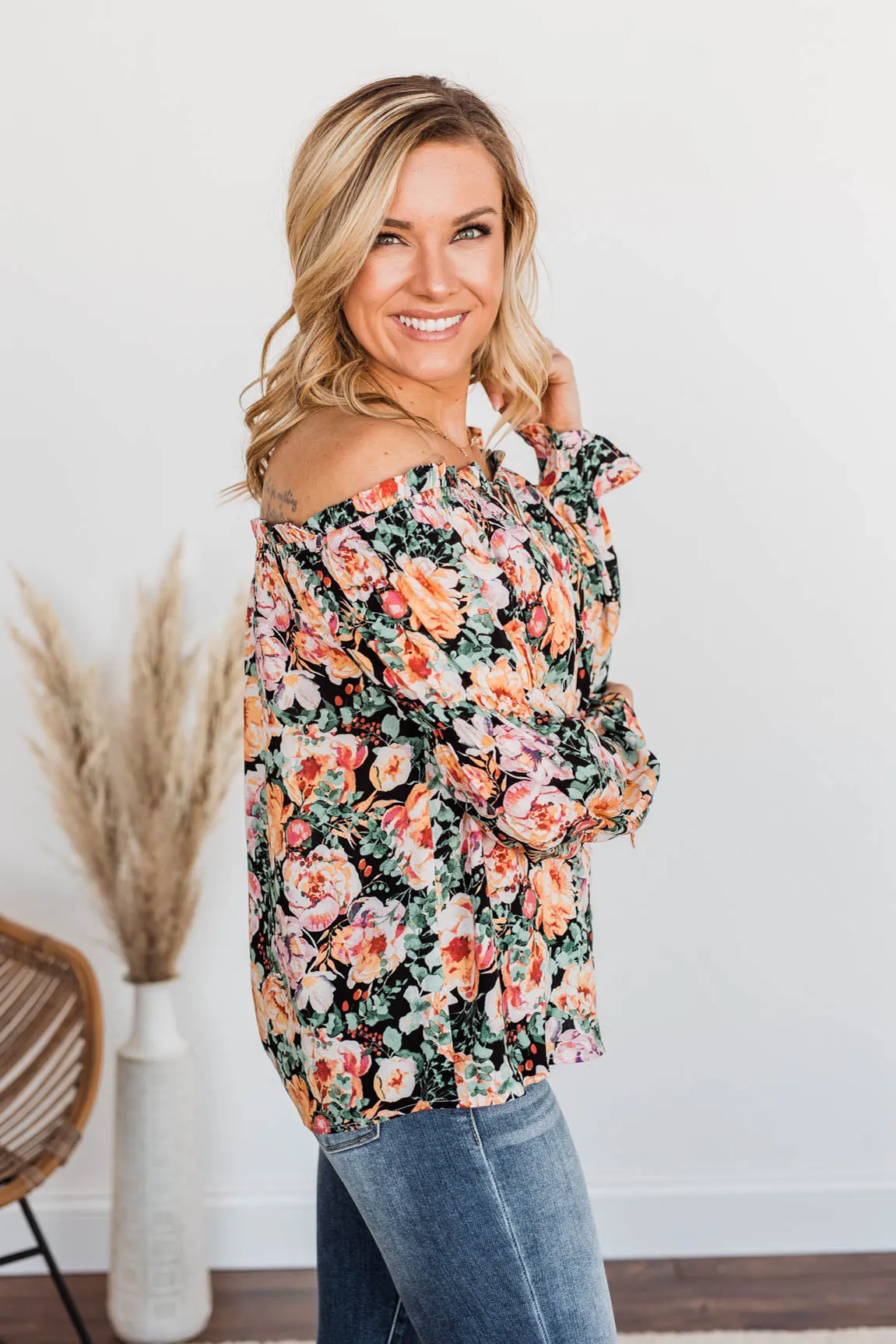 Peak My Interest Floral Off The Shoulder Top- Black