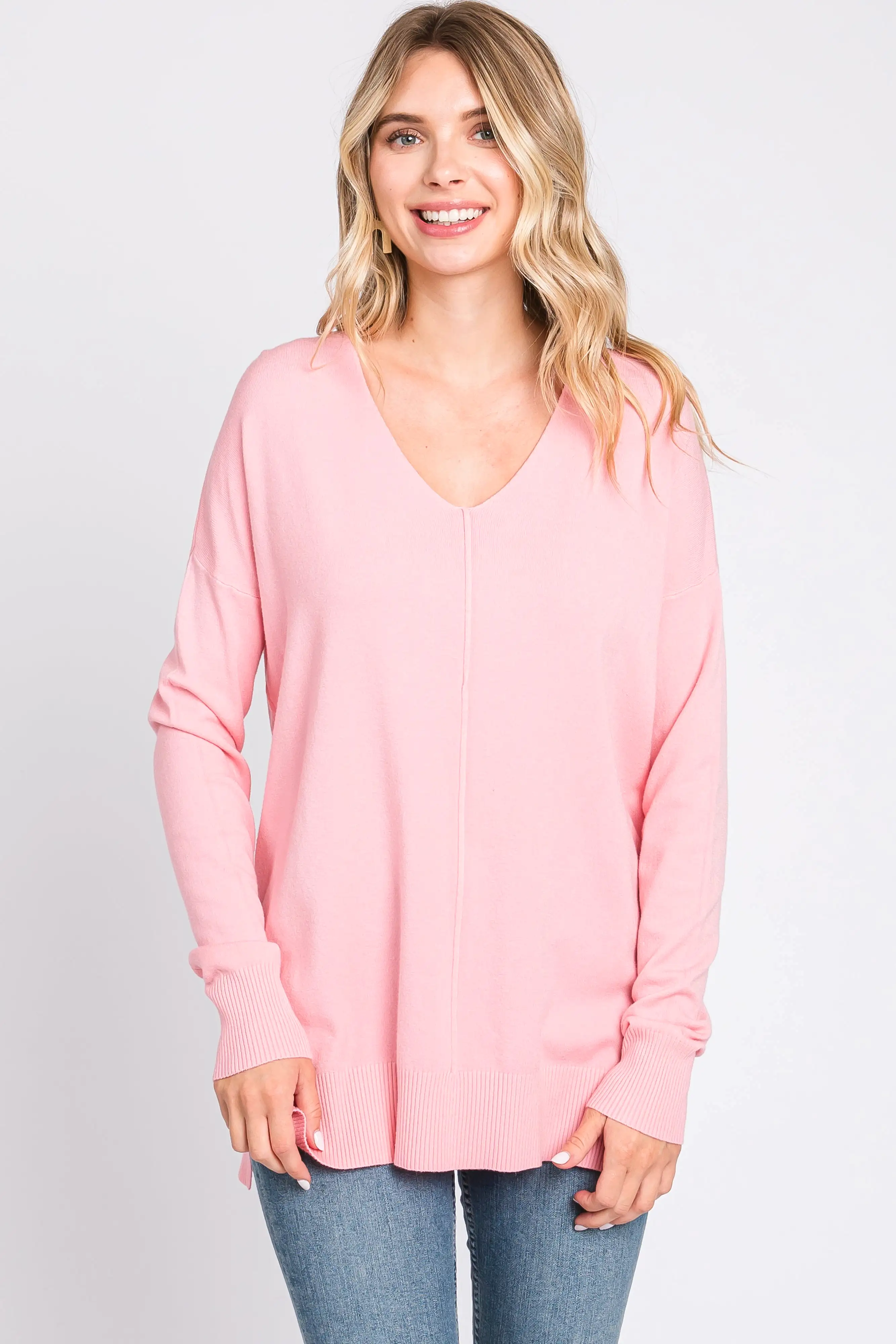 Pink Long Sleeve Side Slit Sweater