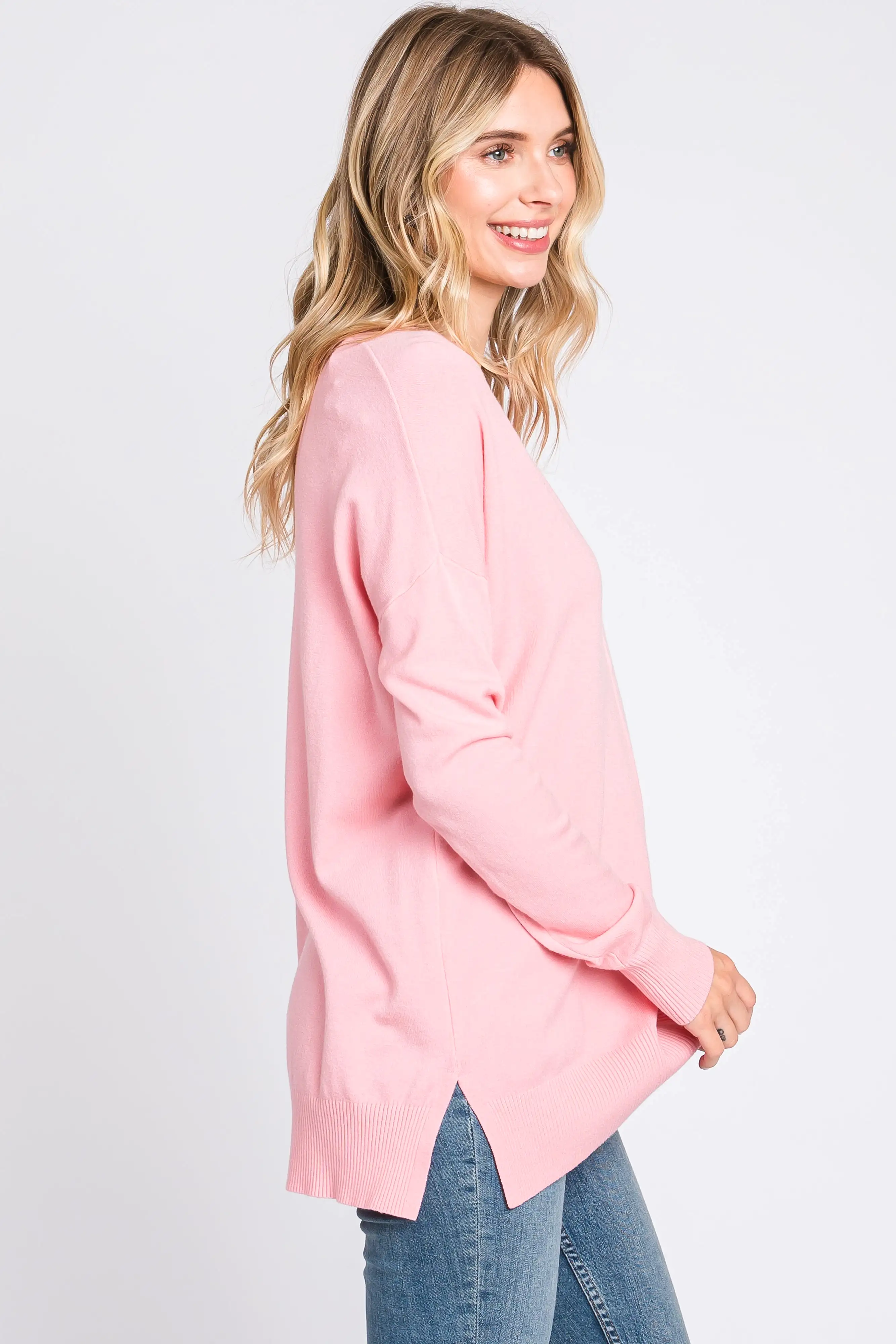 Pink Long Sleeve Side Slit Sweater