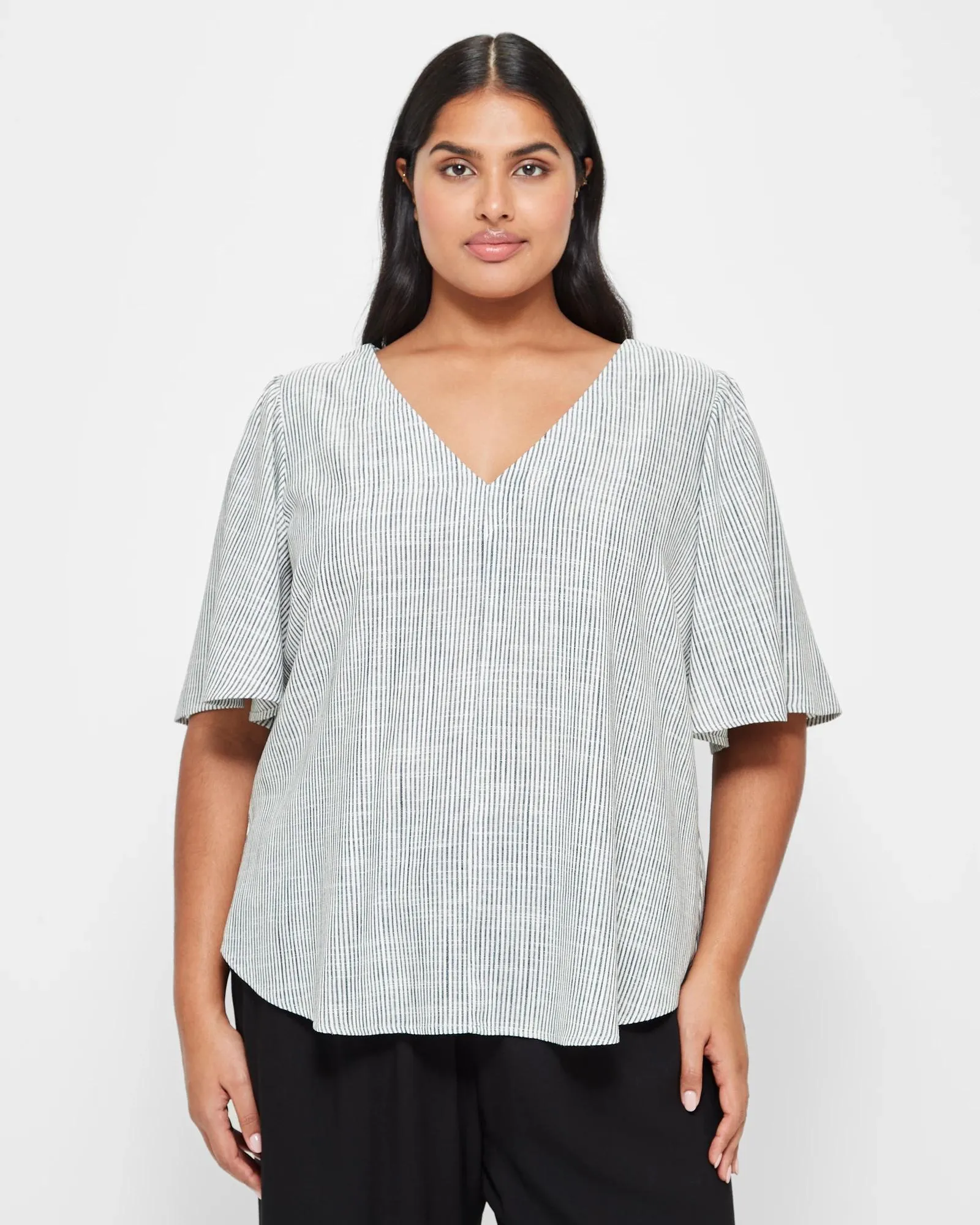 popular  Plus Size Linen Blend V-Neck Top - White/Navy Stripe