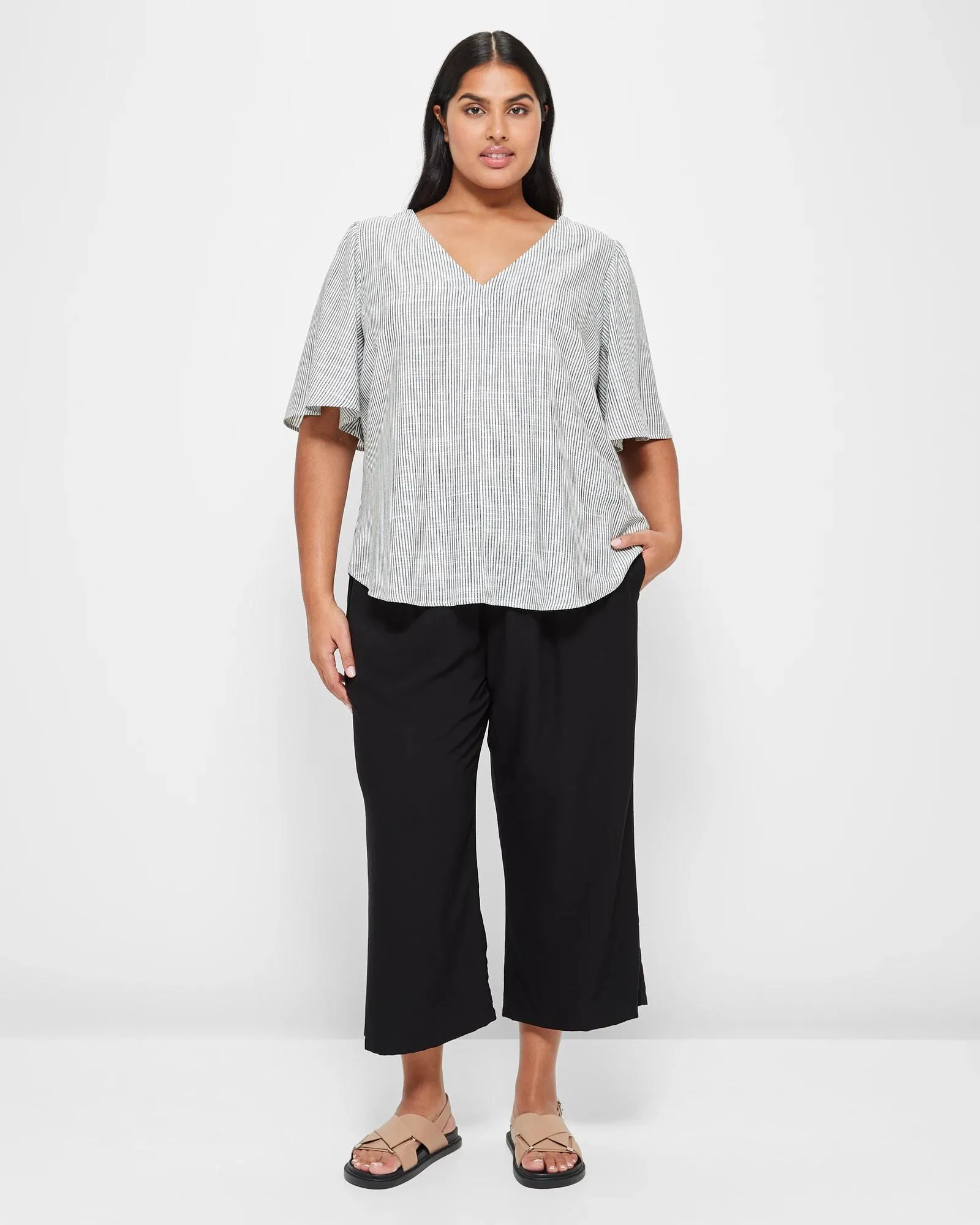 popular  Plus Size Linen Blend V-Neck Top - White/Navy Stripe