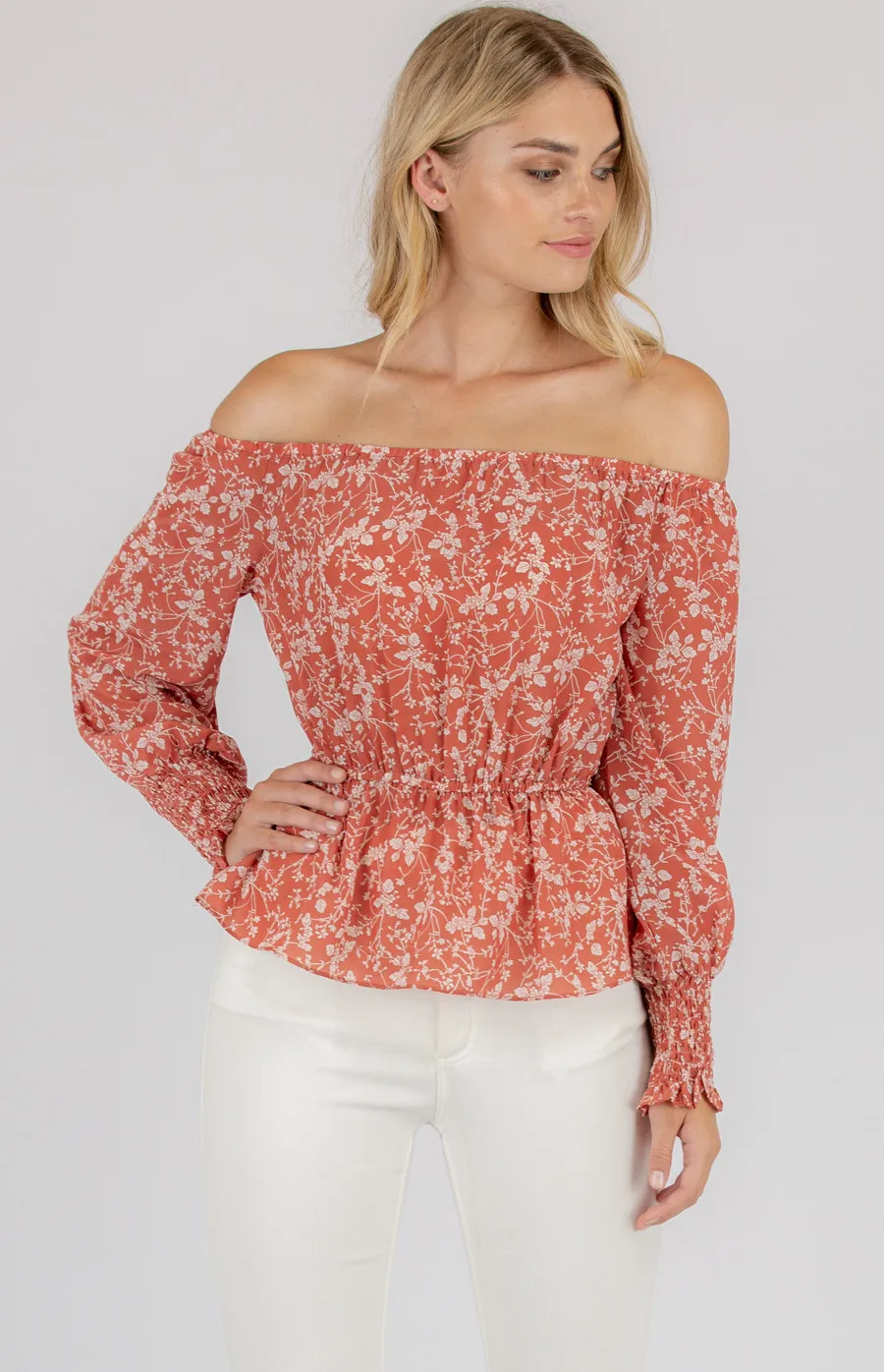 Printed Off the Shoulder Top with Elastic Waist (STO420A)