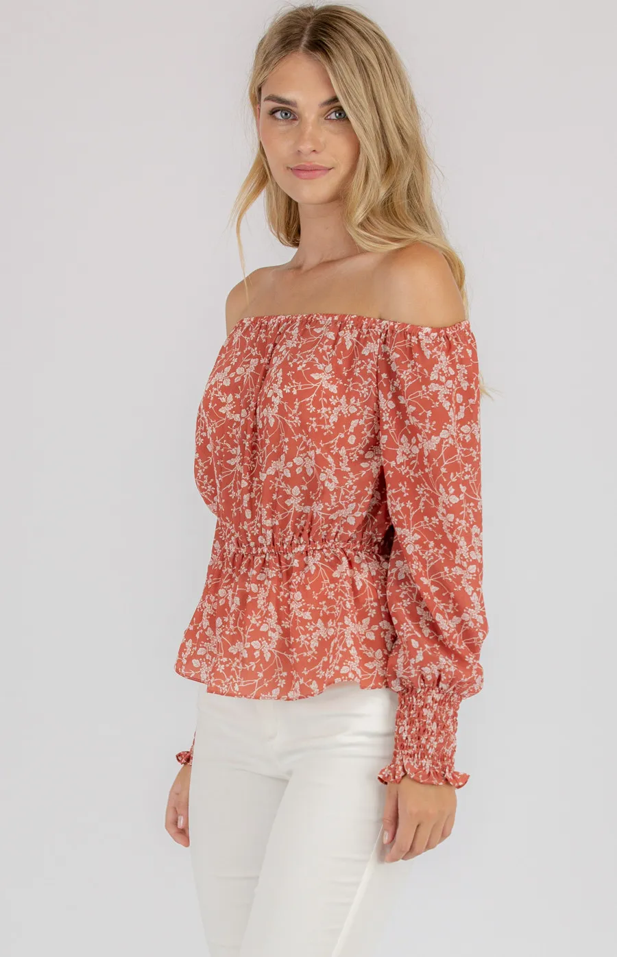 Printed Off the Shoulder Top with Elastic Waist (STO420A)