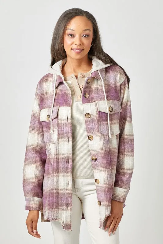 Raw Hem Plaid Hoodie Shacket