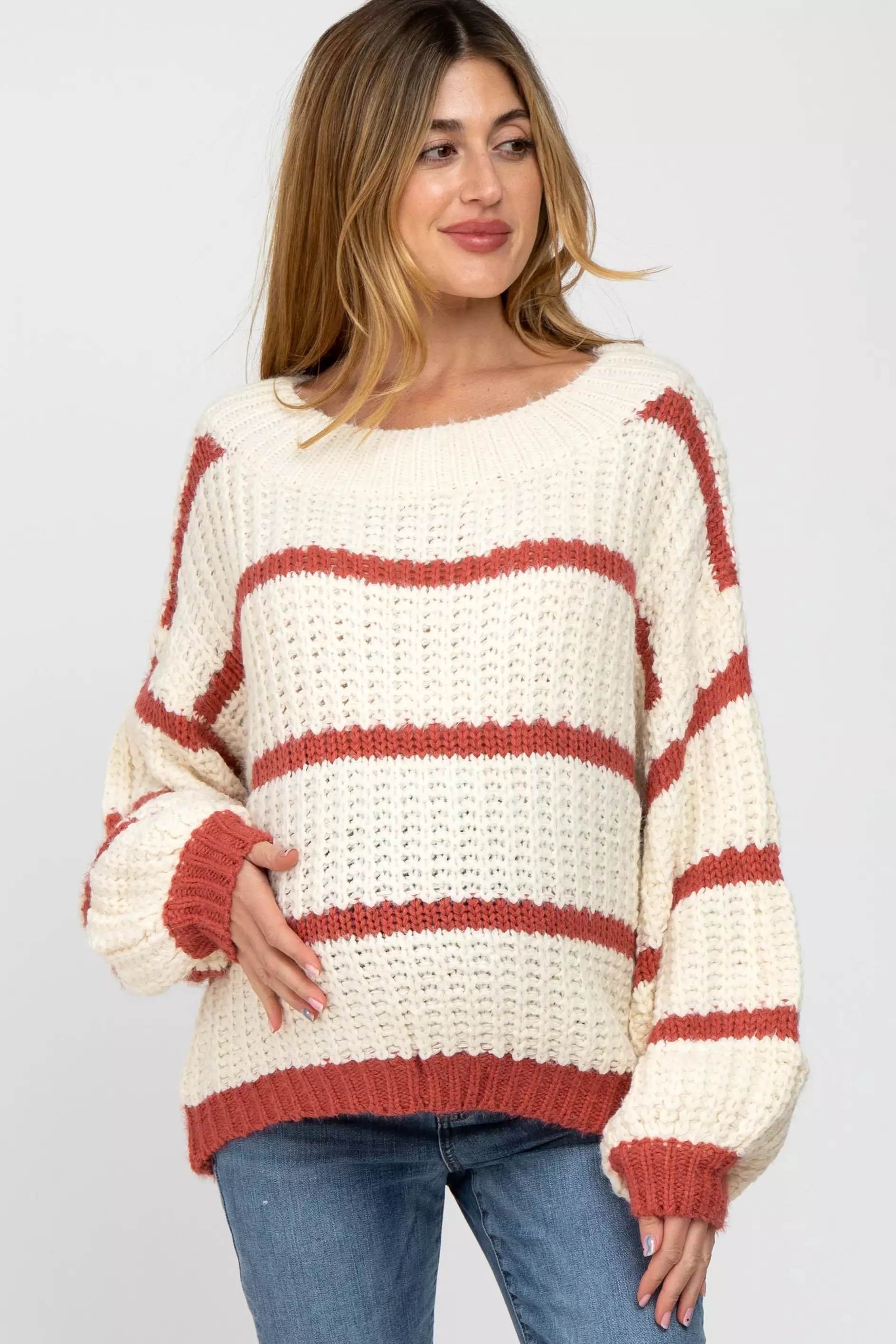 Rust Cream Striped Chunky Knit Maternity Sweater