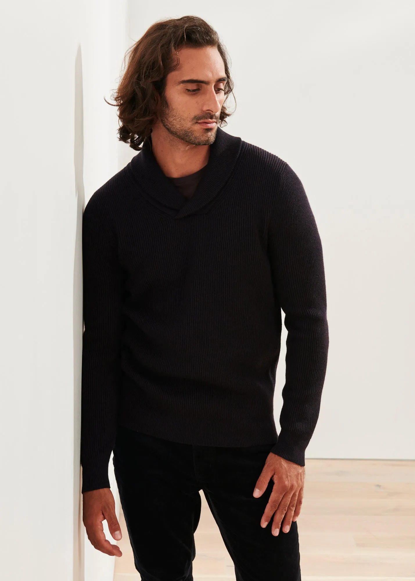 SHAWL COLLAR MERINO WOOL SWEATER