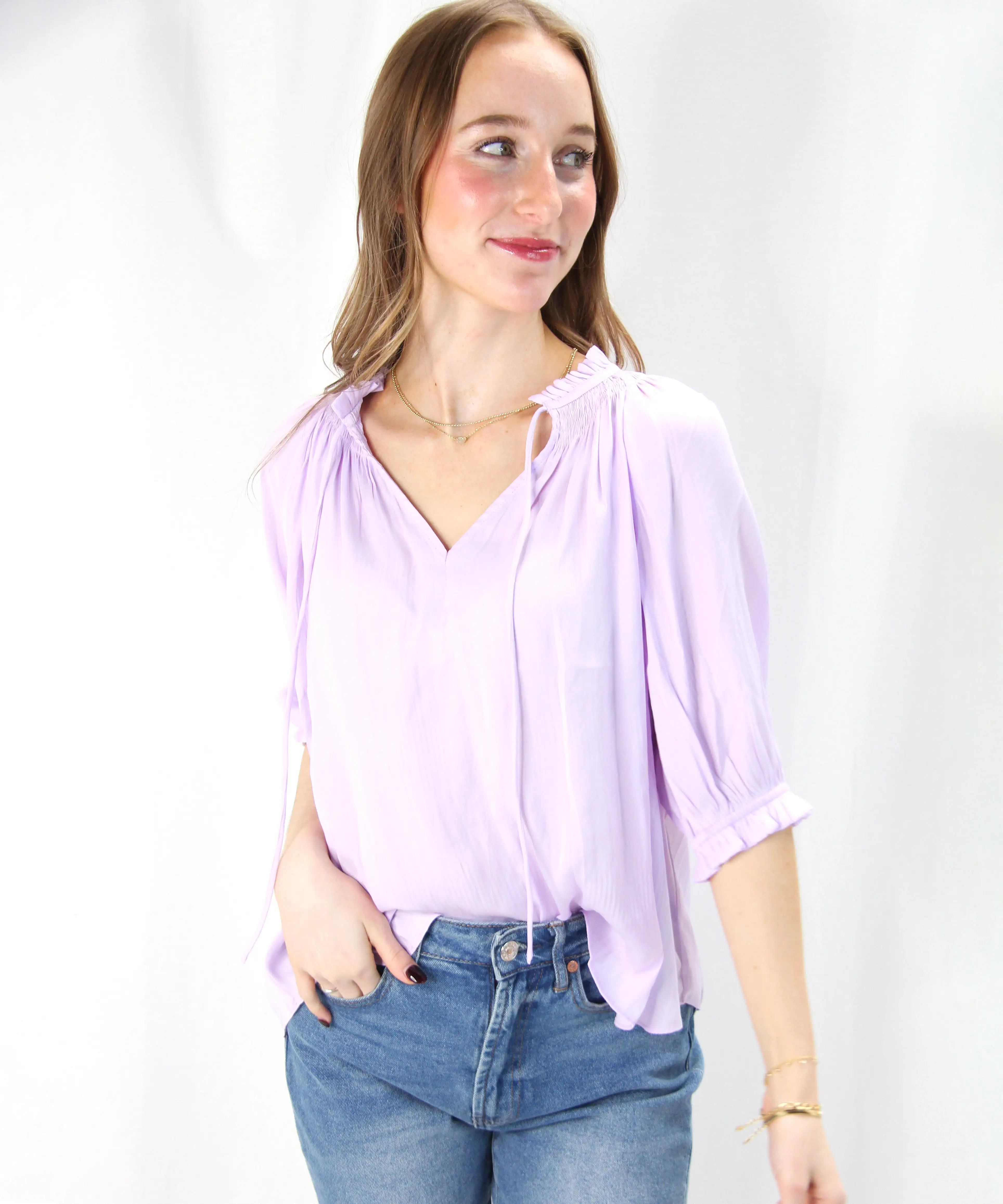 Short Sleeve Tie Front Top - Light Lavender