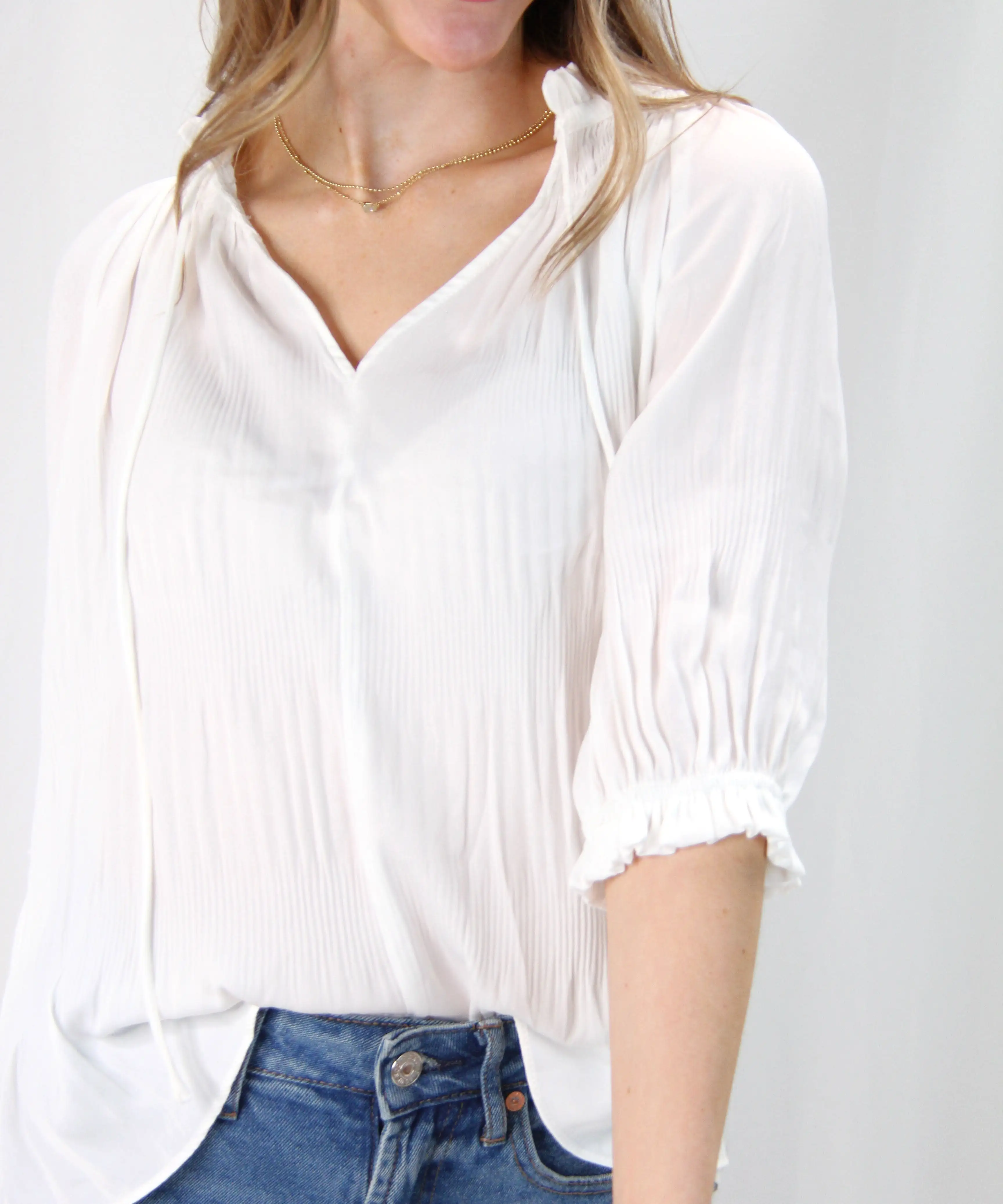 Short Sleeve Tie Front Top - Off White