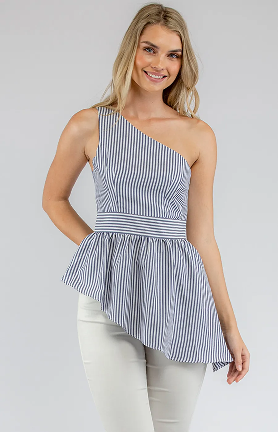 Striped One Shoulder Top with Asymmetric Hem (STO416A)