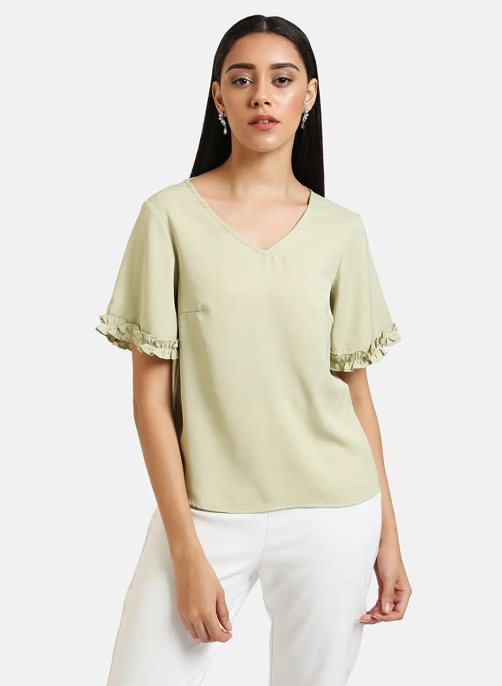 V Neck Top With Ruffle Detail