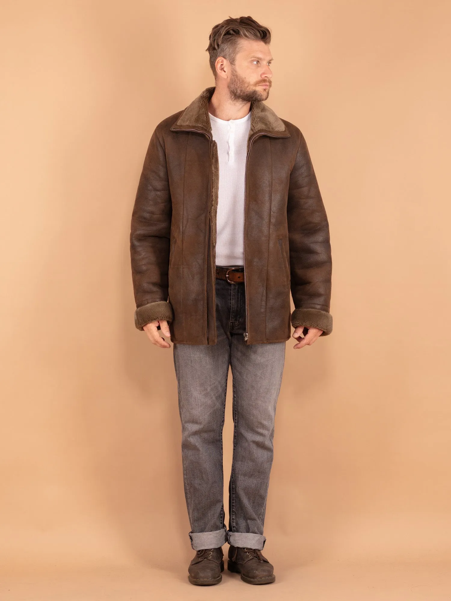 Vintage 00's Men Faux Sheepskin Coat in Brown