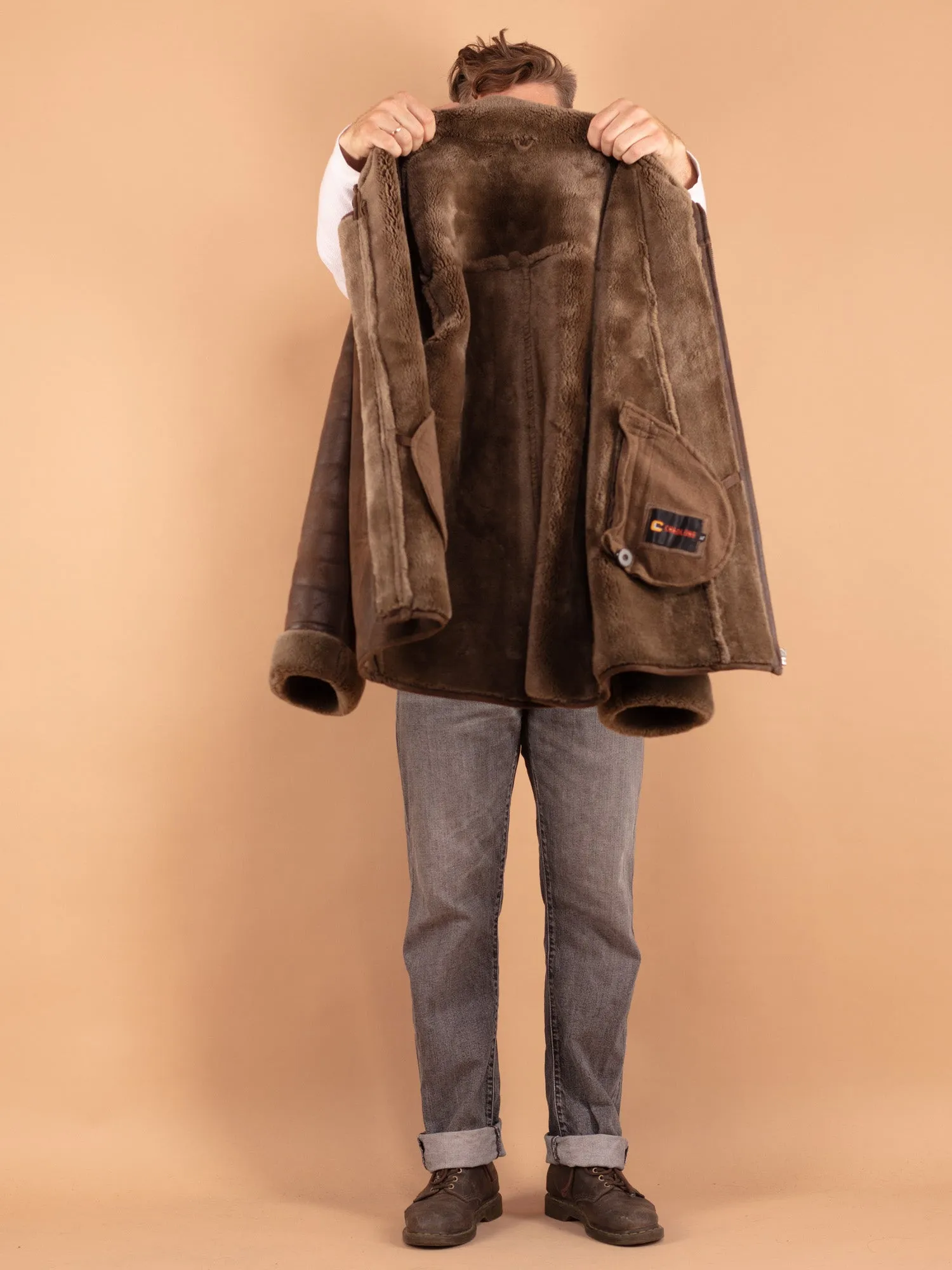 Vintage 00's Men Faux Sheepskin Coat in Brown