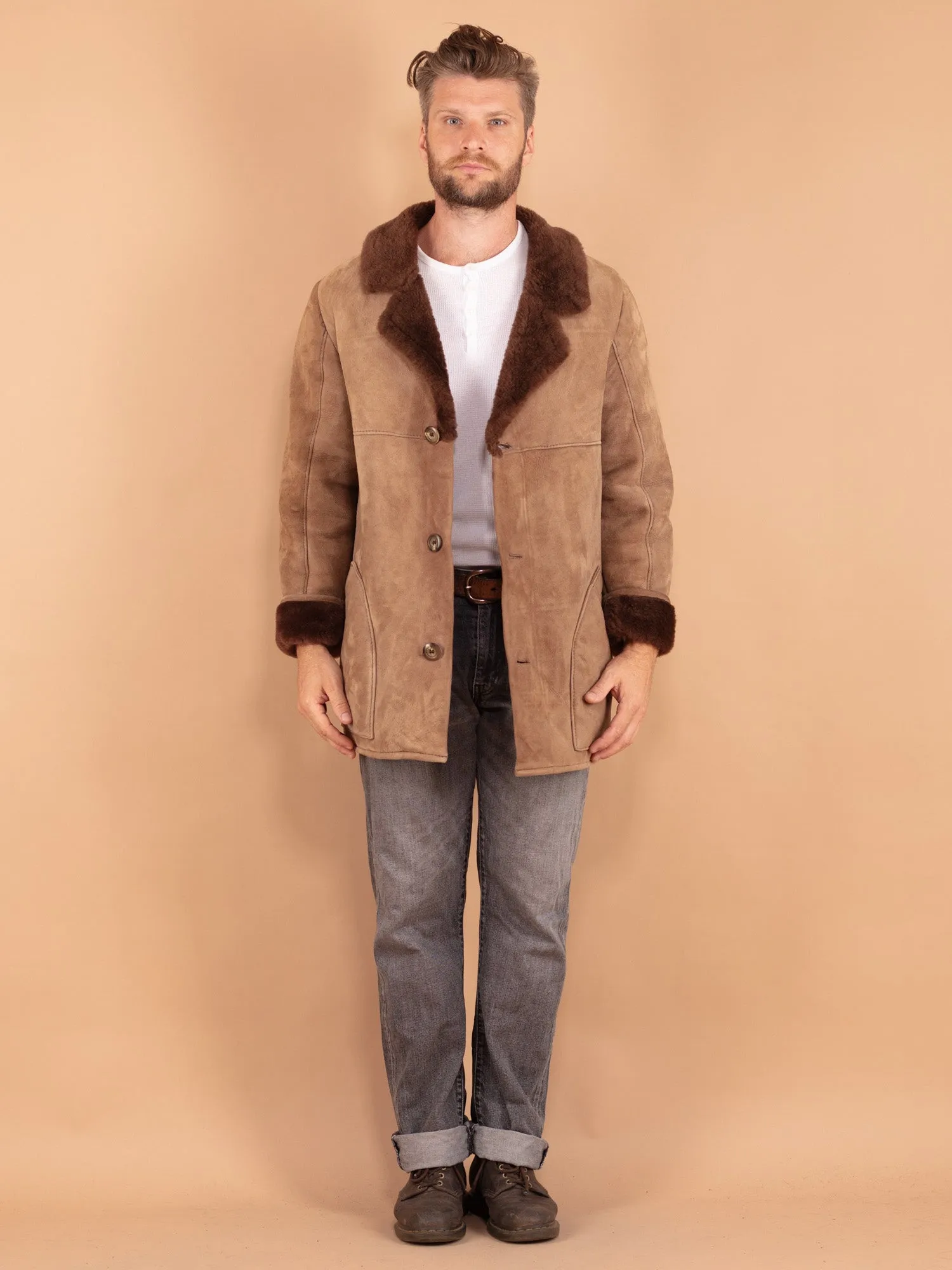 Vintage 70's Men Sheepskin Coat in Beige