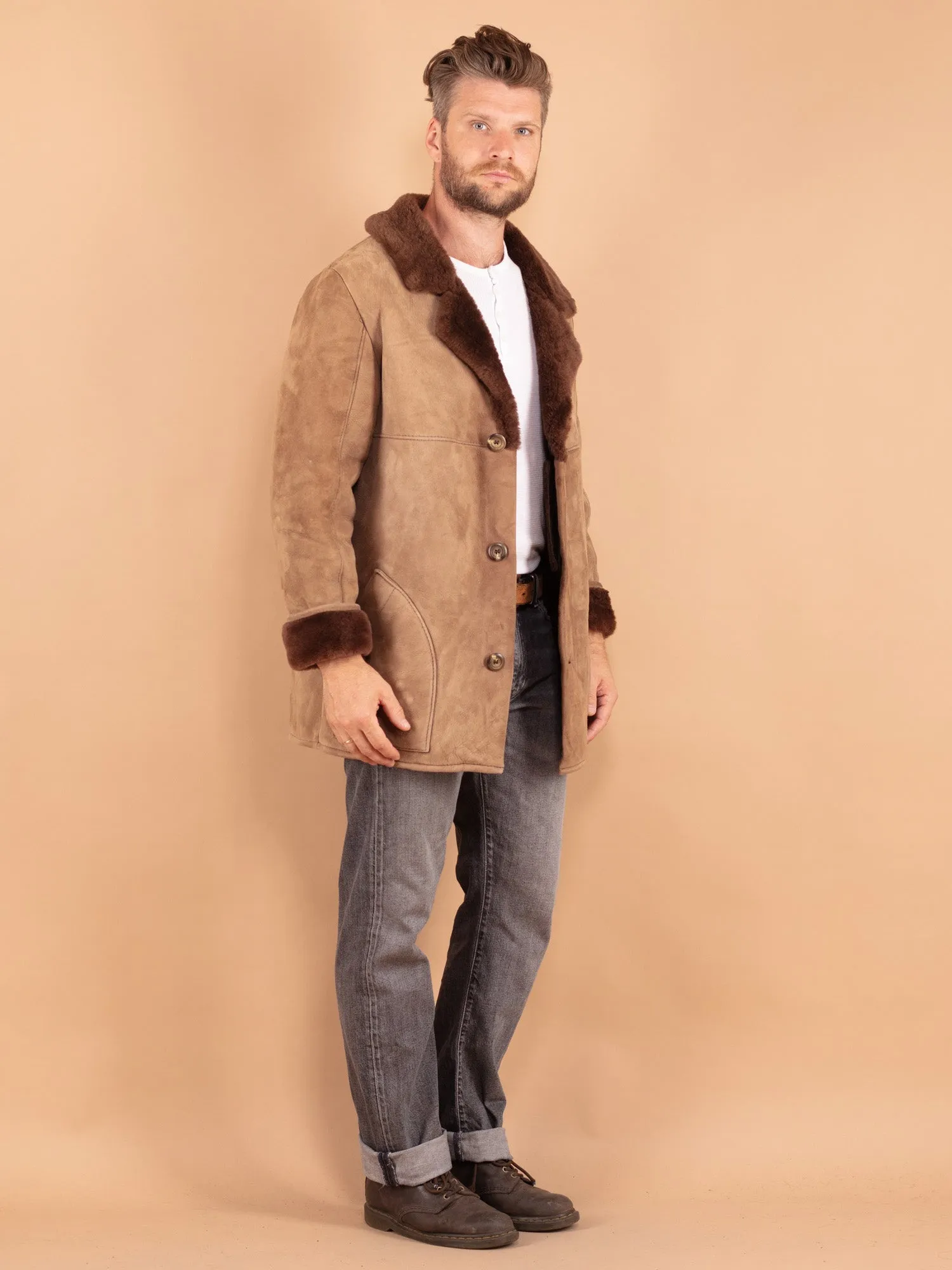 Vintage 70's Men Sheepskin Coat in Beige