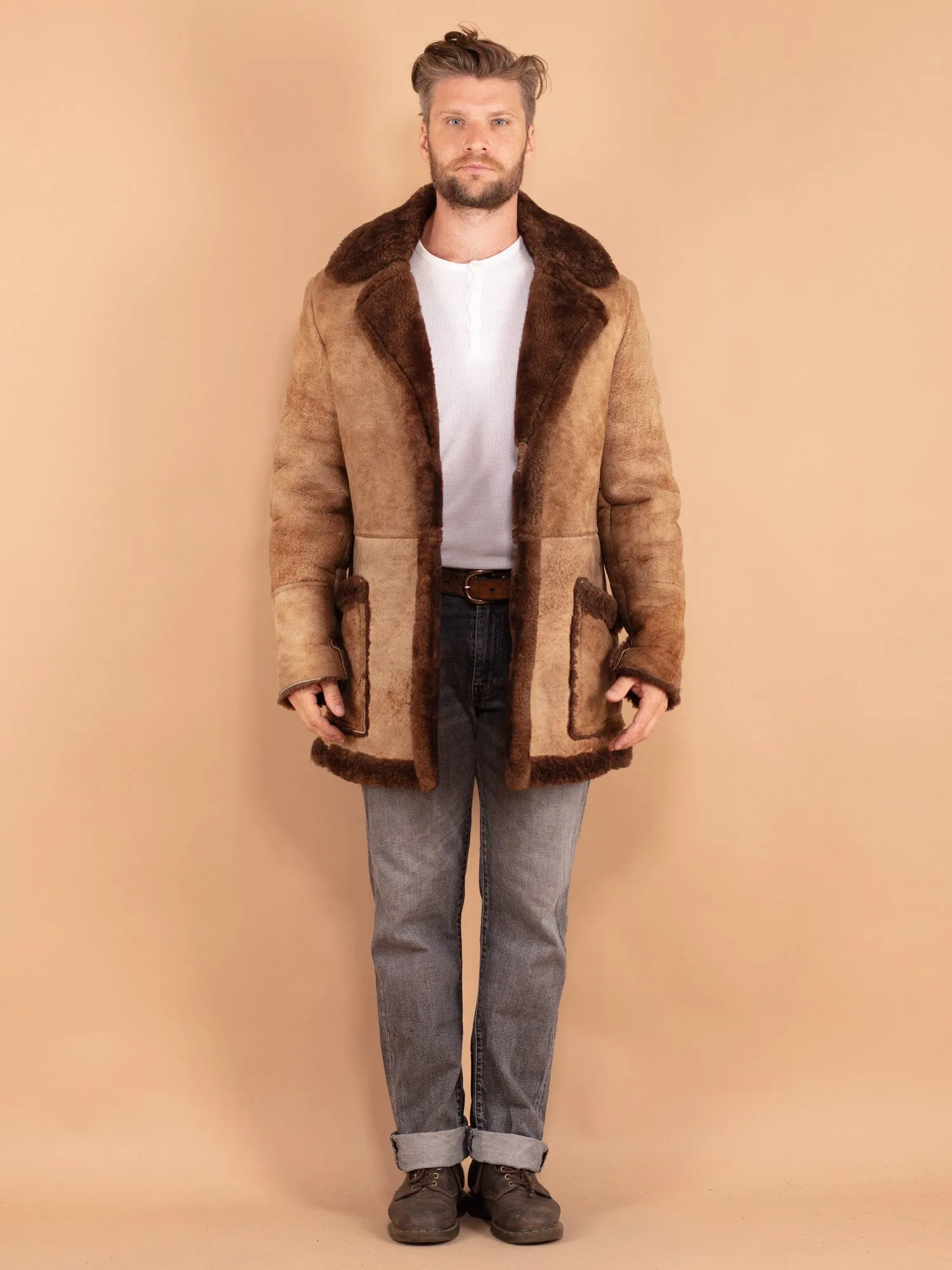 Vintage 70's Men Sheepskin Shearling Coat in Brown