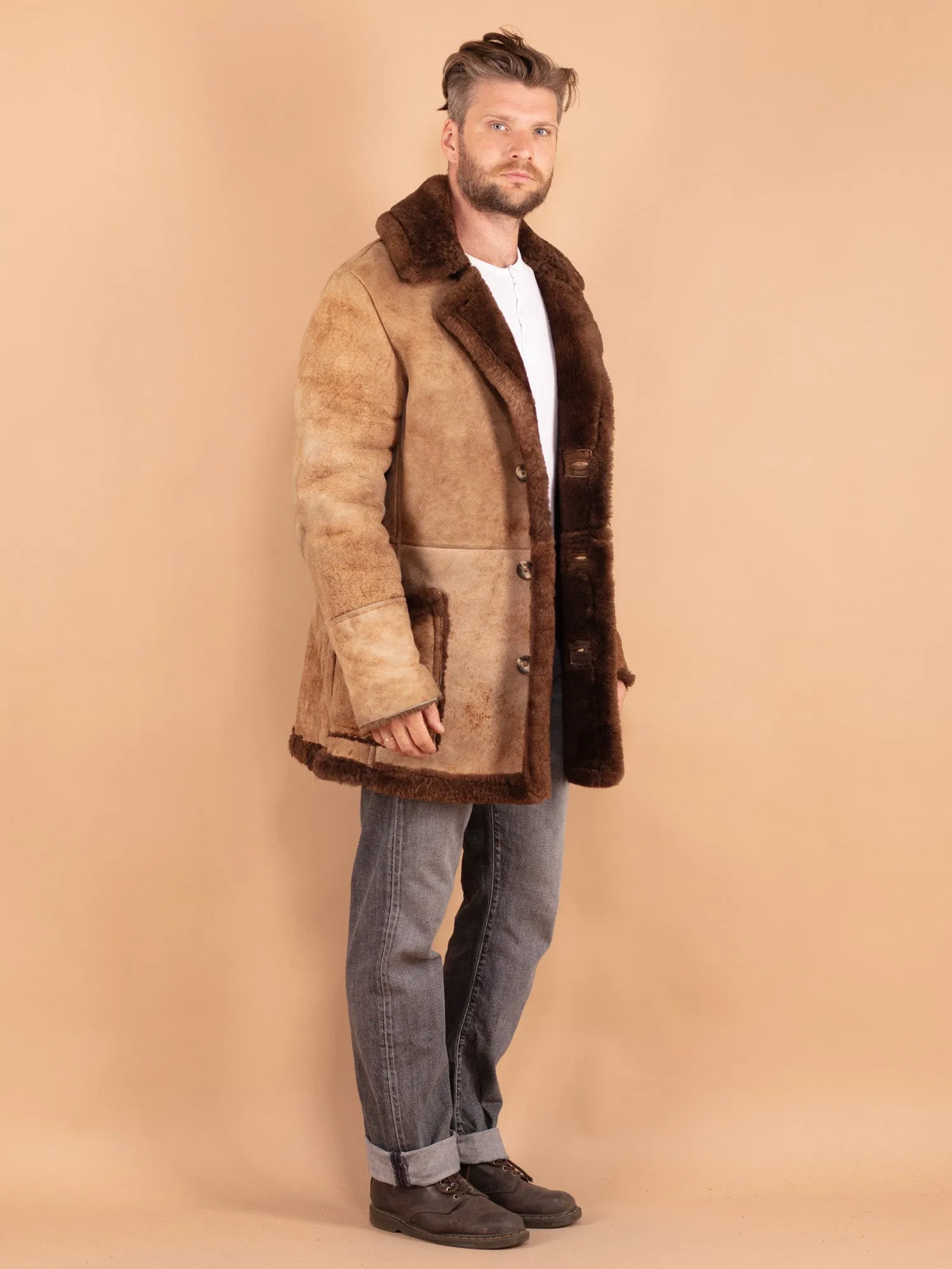 Vintage 70's Men Sheepskin Shearling Coat in Brown