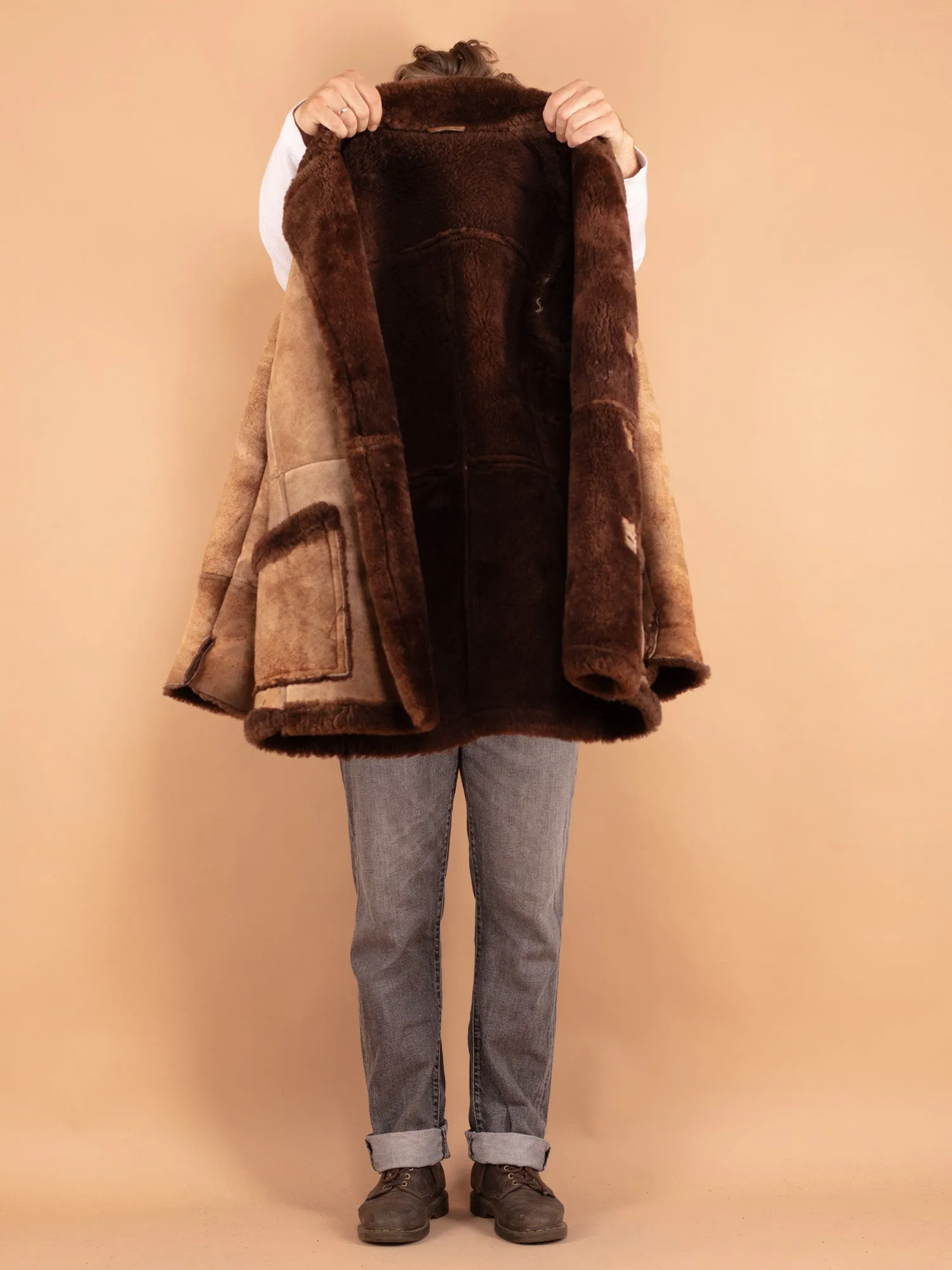 Vintage 70's Men Sheepskin Shearling Coat in Brown