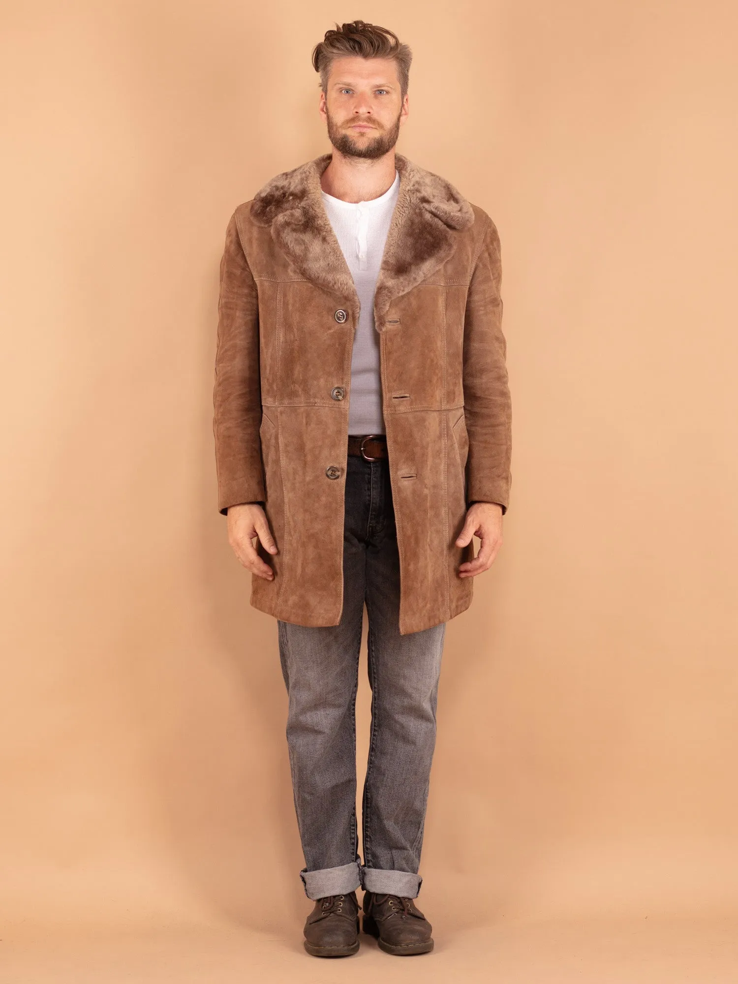 Vintage 70's Men Suede Sherpa Coat in Beige