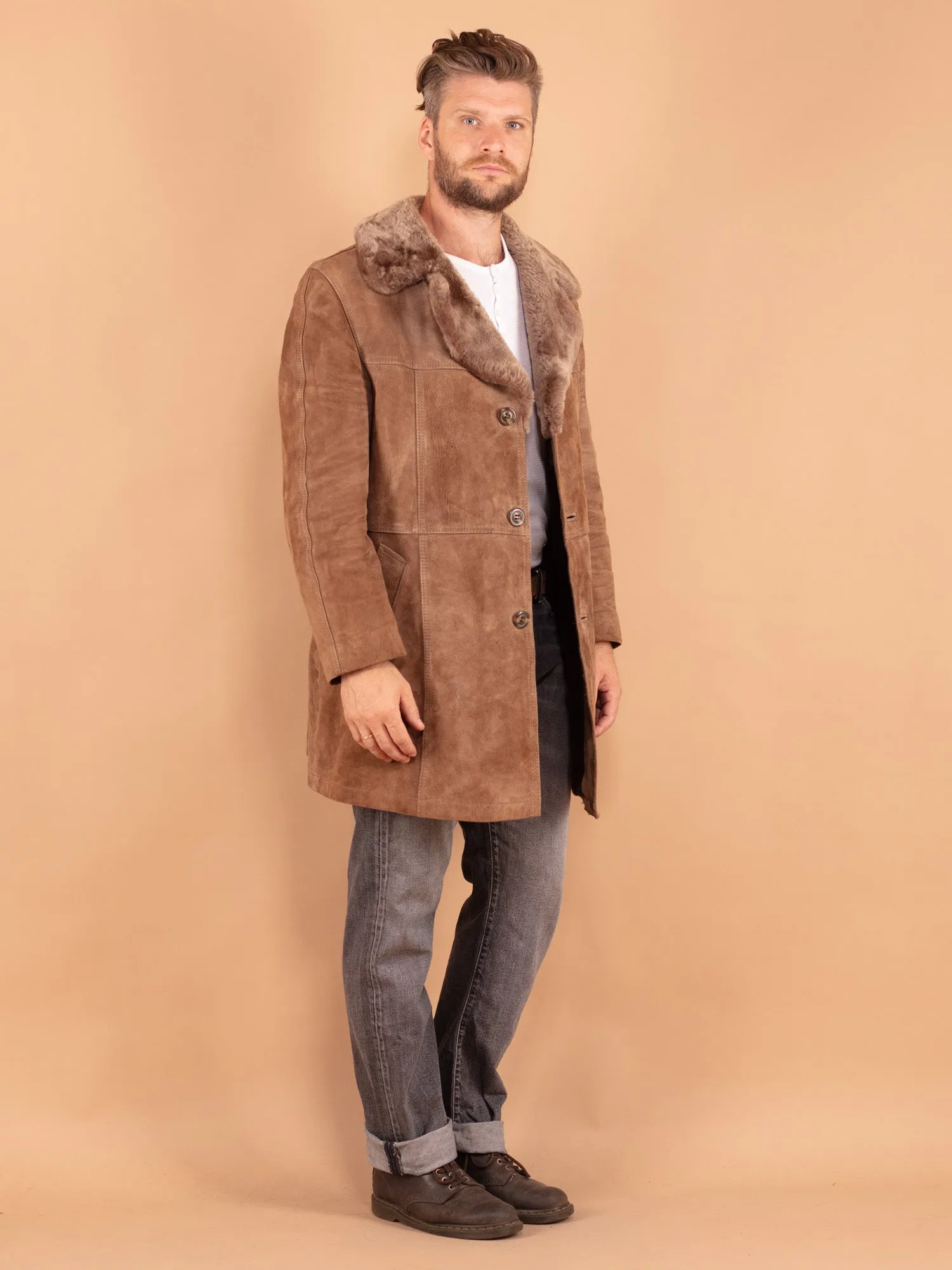 Vintage 70's Men Suede Sherpa Coat in Beige