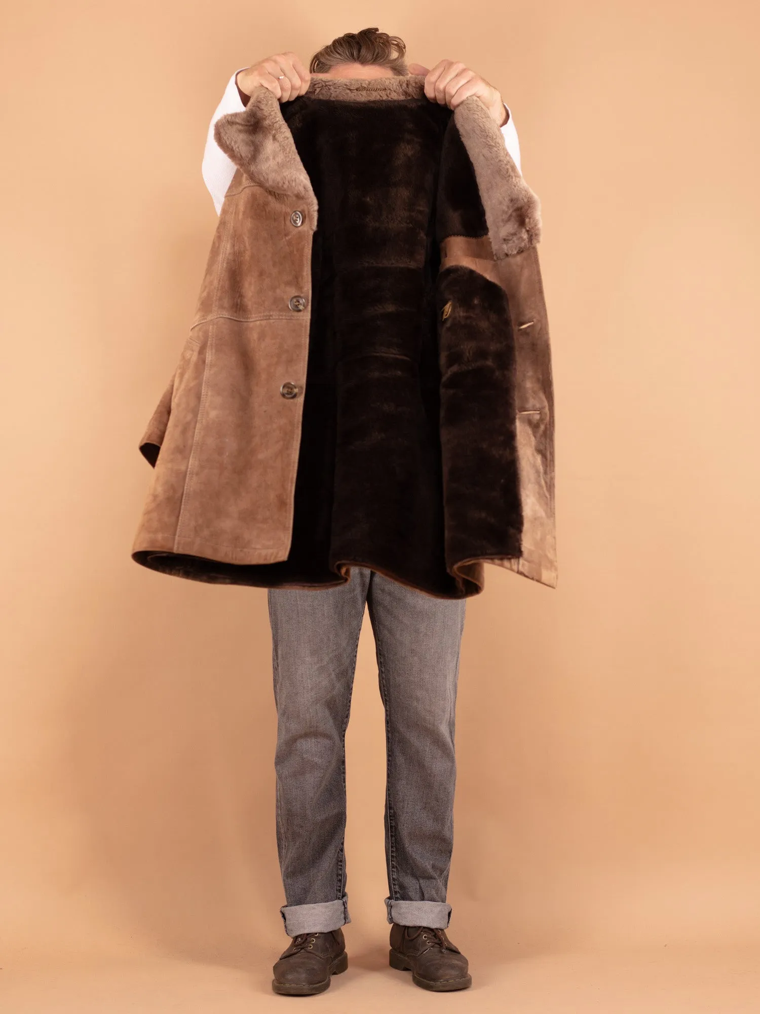 Vintage 70's Men Suede Sherpa Coat in Beige