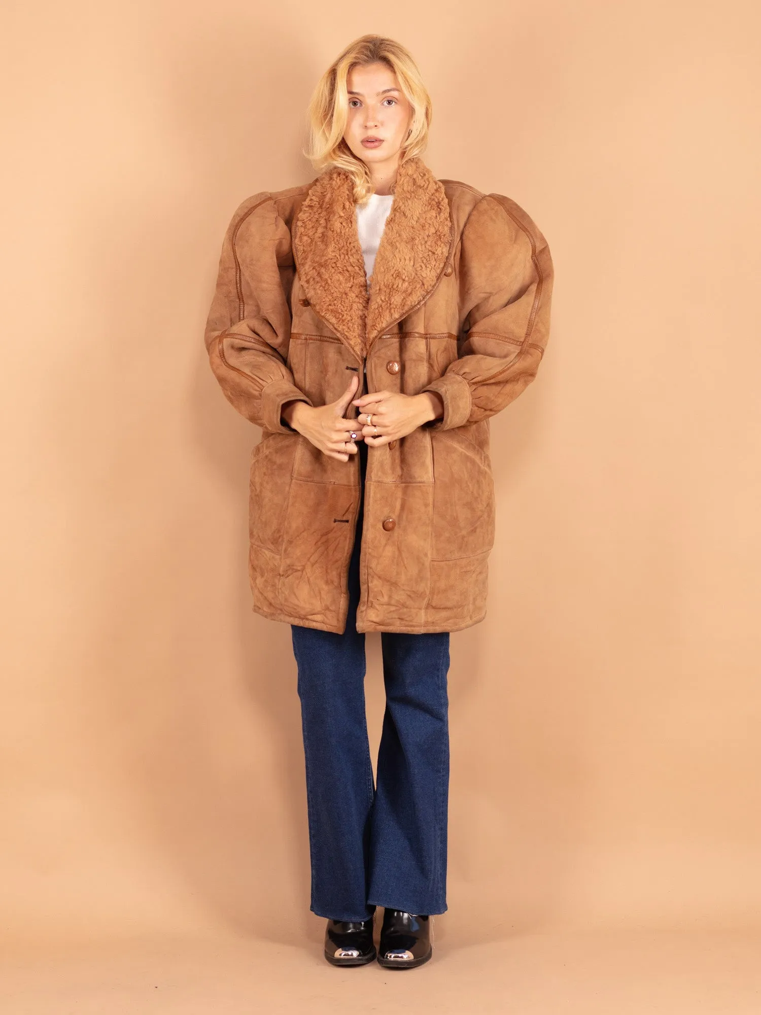 Vintage 70's Women Oversized Sheepskin Coat in Beige