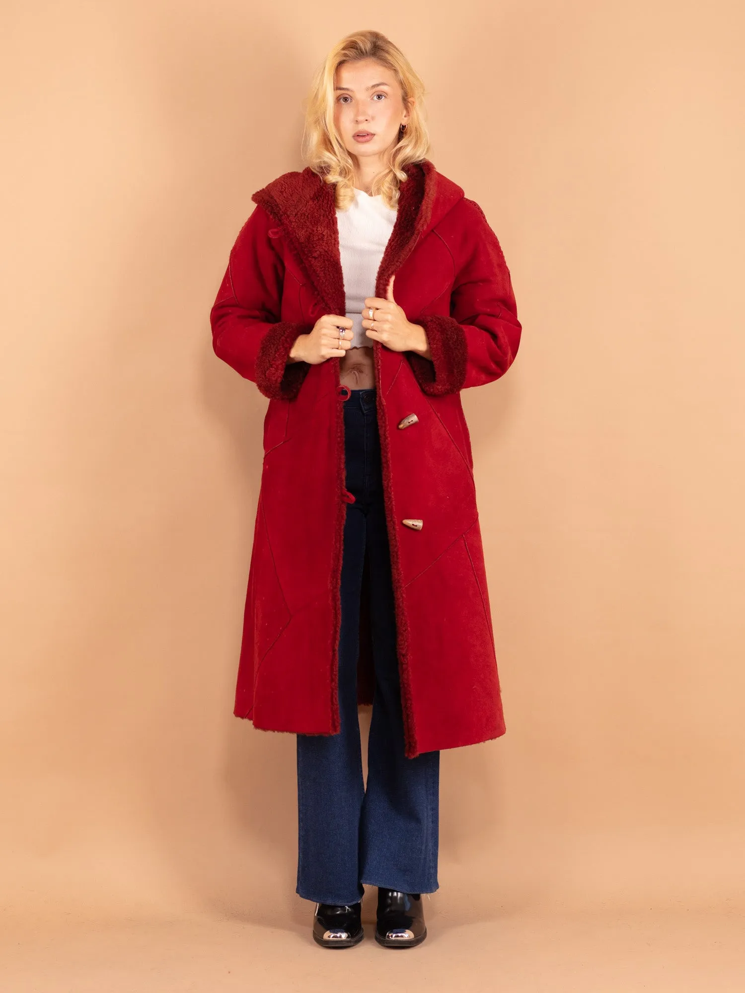 Vintage 70's Women Sheepskin Coat in Red