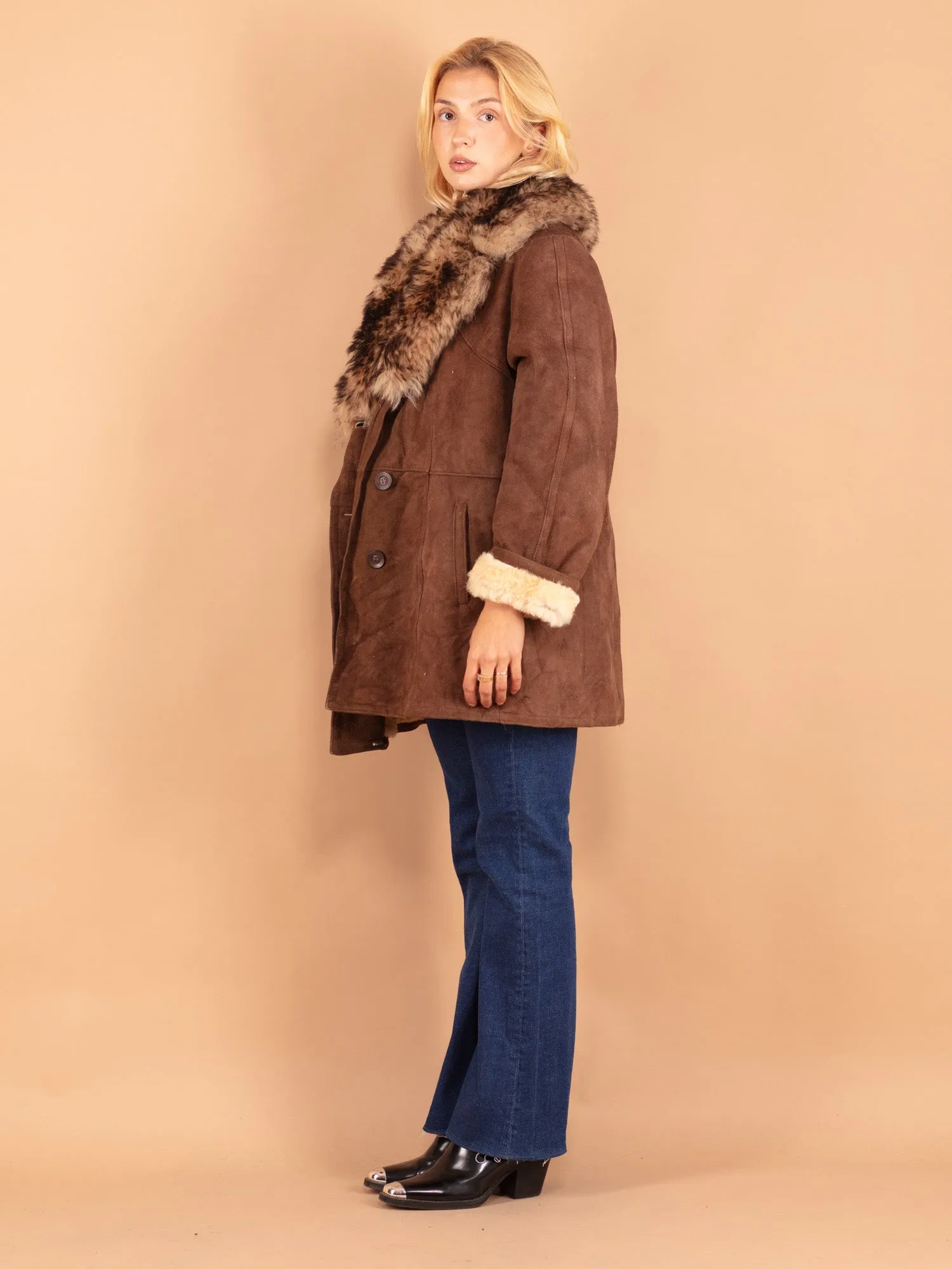 Vintage 70's Women Sheepskin Shearling Coat in Brown