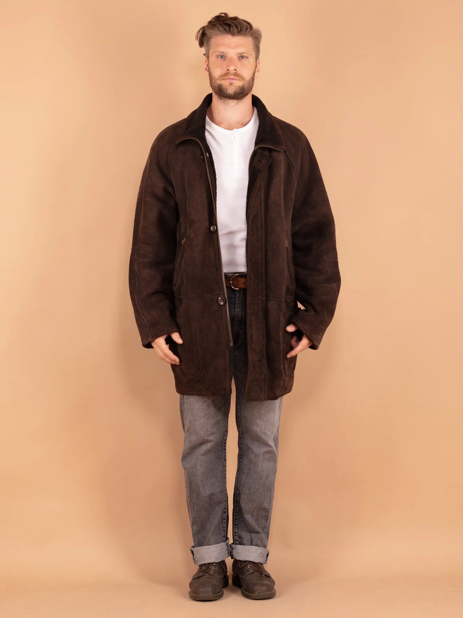 Vintage 80's Men Oversized Sheepskin Coat in Brown