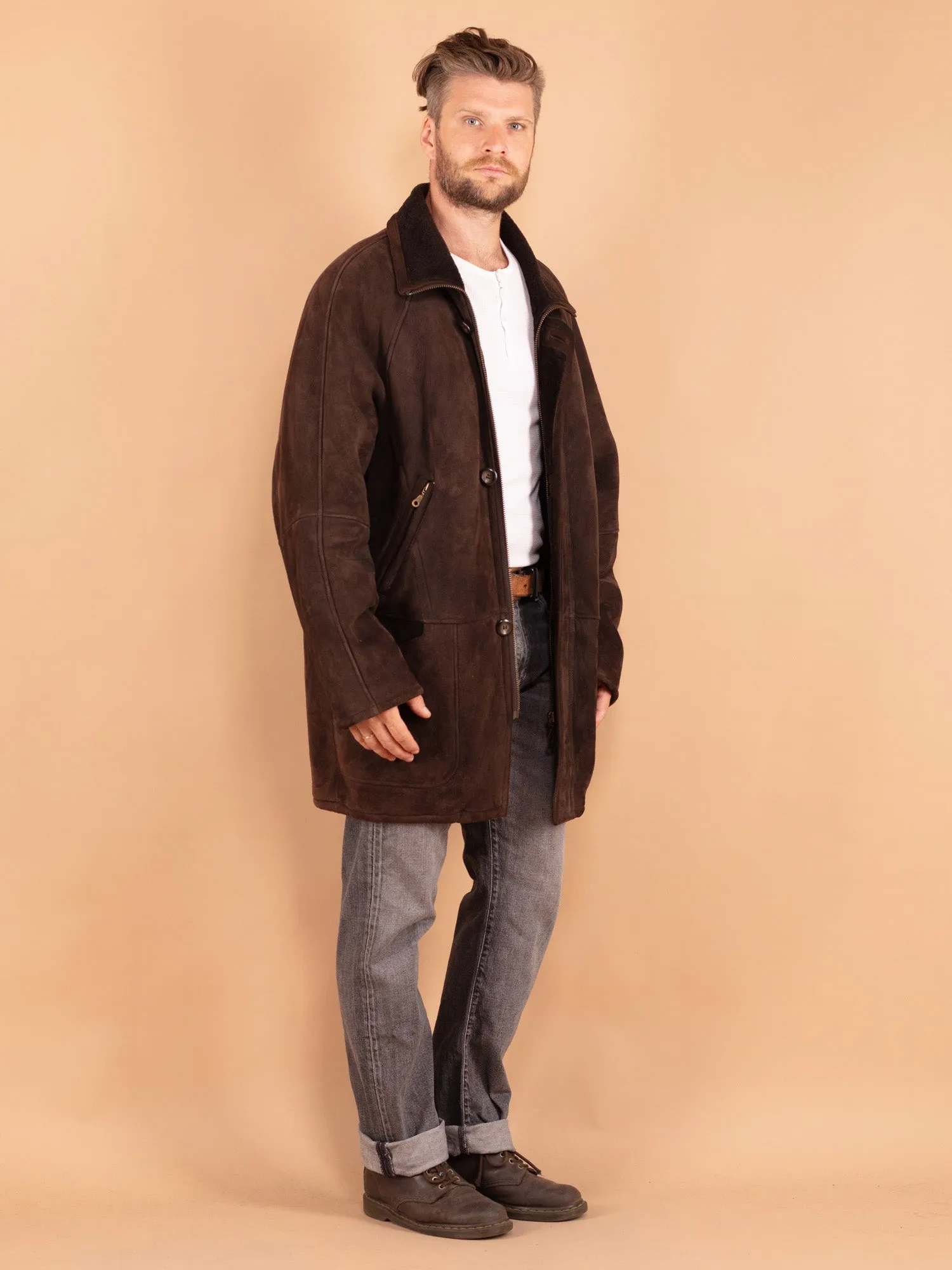 Vintage 80's Men Oversized Sheepskin Coat in Brown