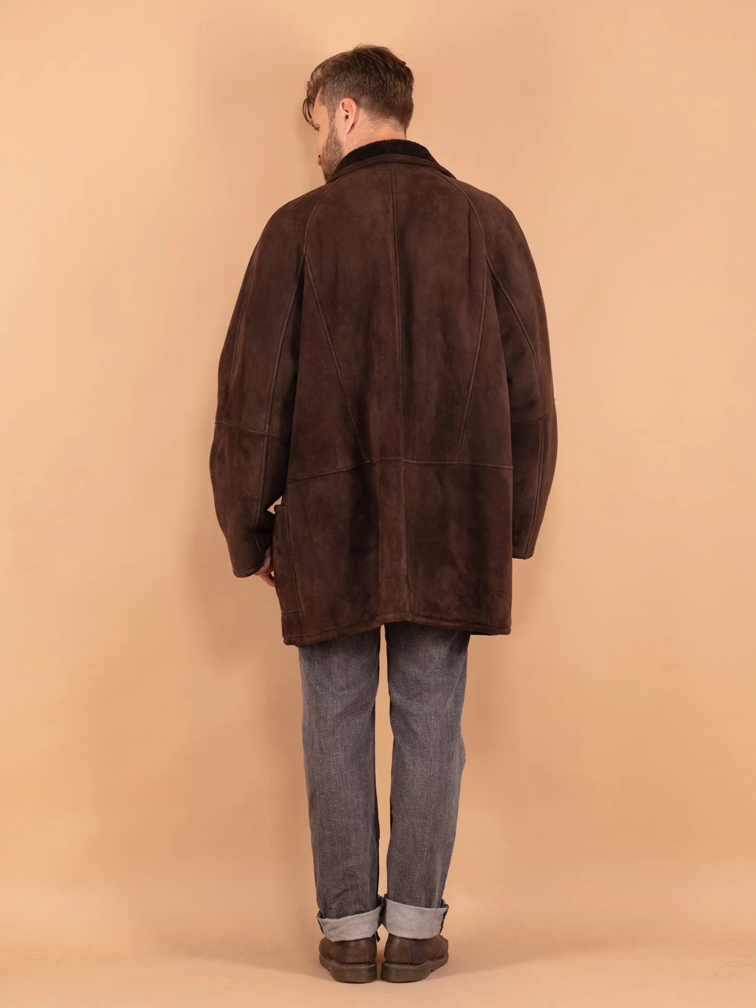 Vintage 80's Men Oversized Sheepskin Coat in Brown