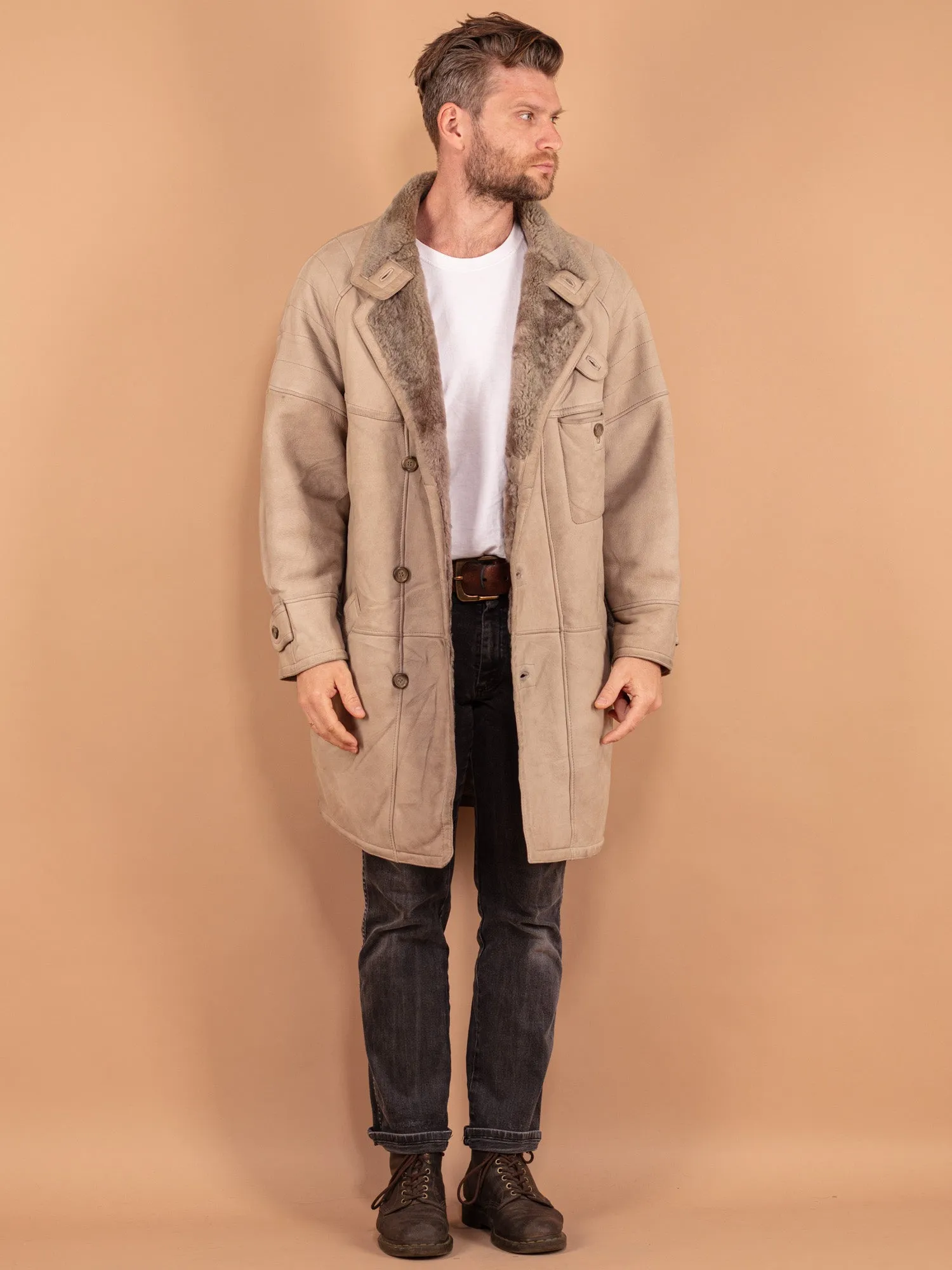 Vintage 80's Men Sheepskin Coat in Beige