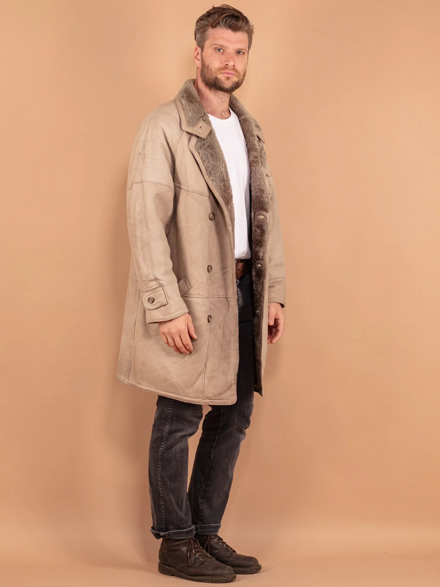 Vintage 80's Men Sheepskin Coat in Beige