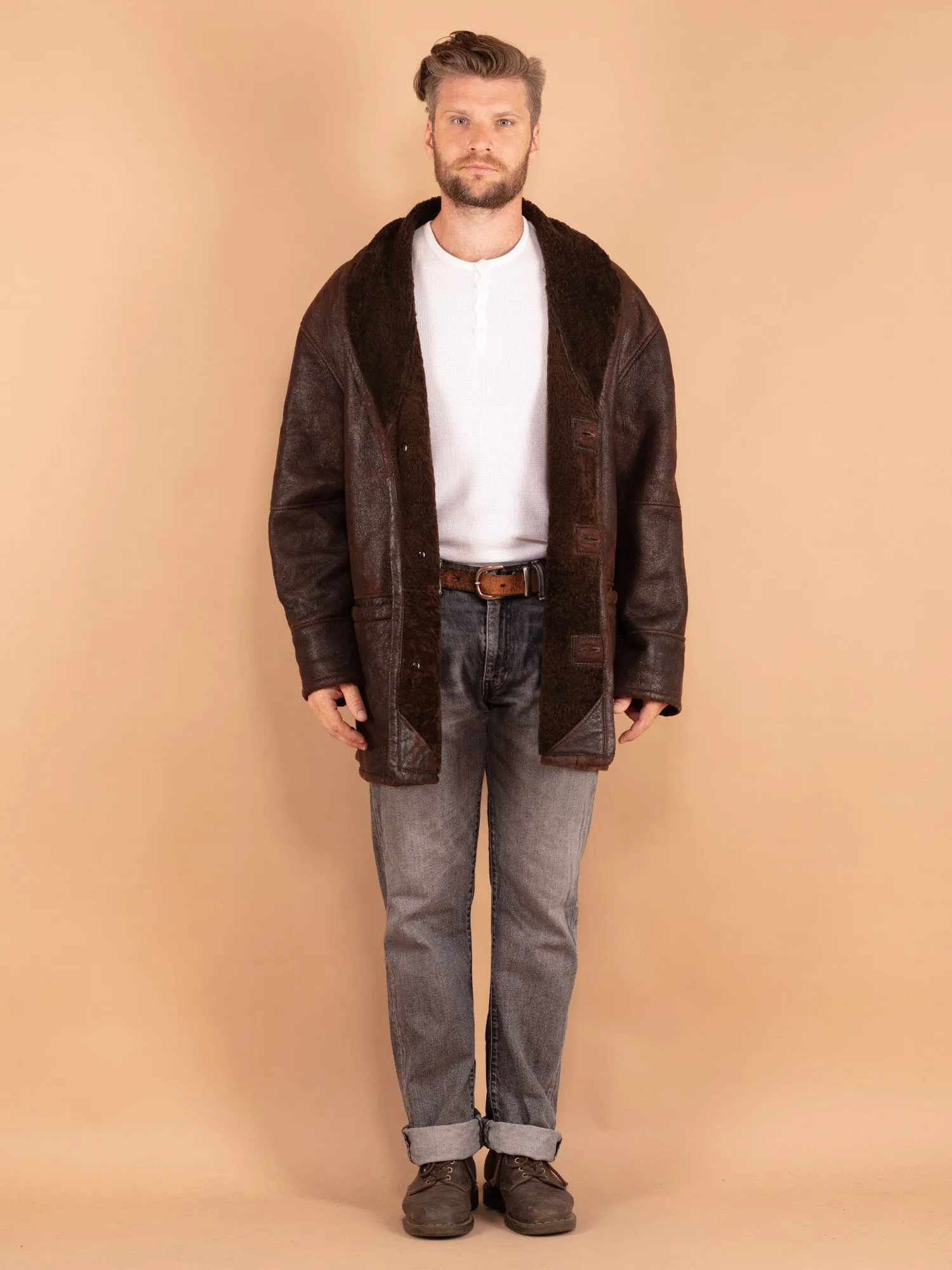 Vintage 80's Men Sheepskin Coat in Brown