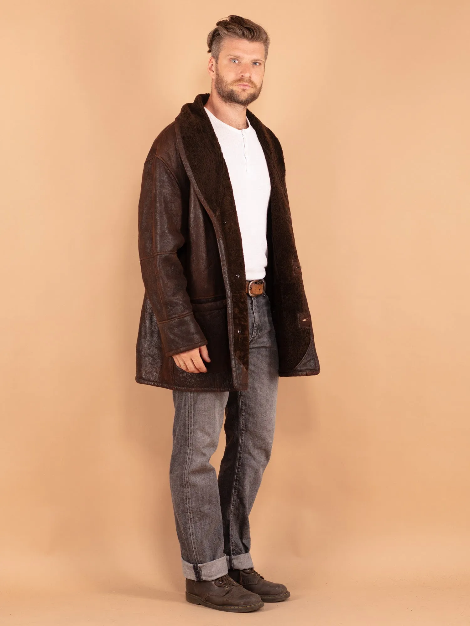 Vintage 80's Men Sheepskin Coat in Brown