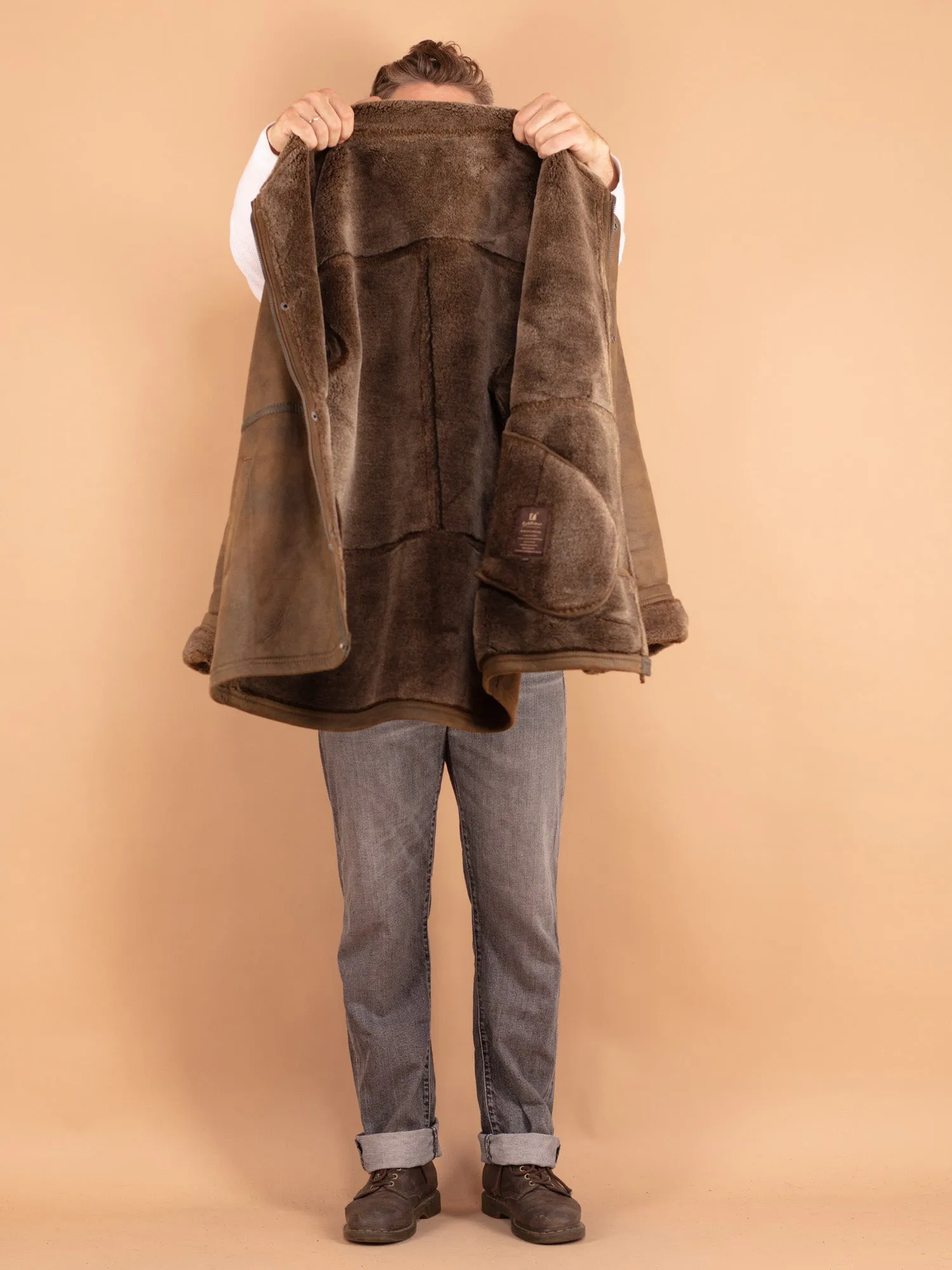 Vintage 90's Men Faux Sheepskin Coat in Brown