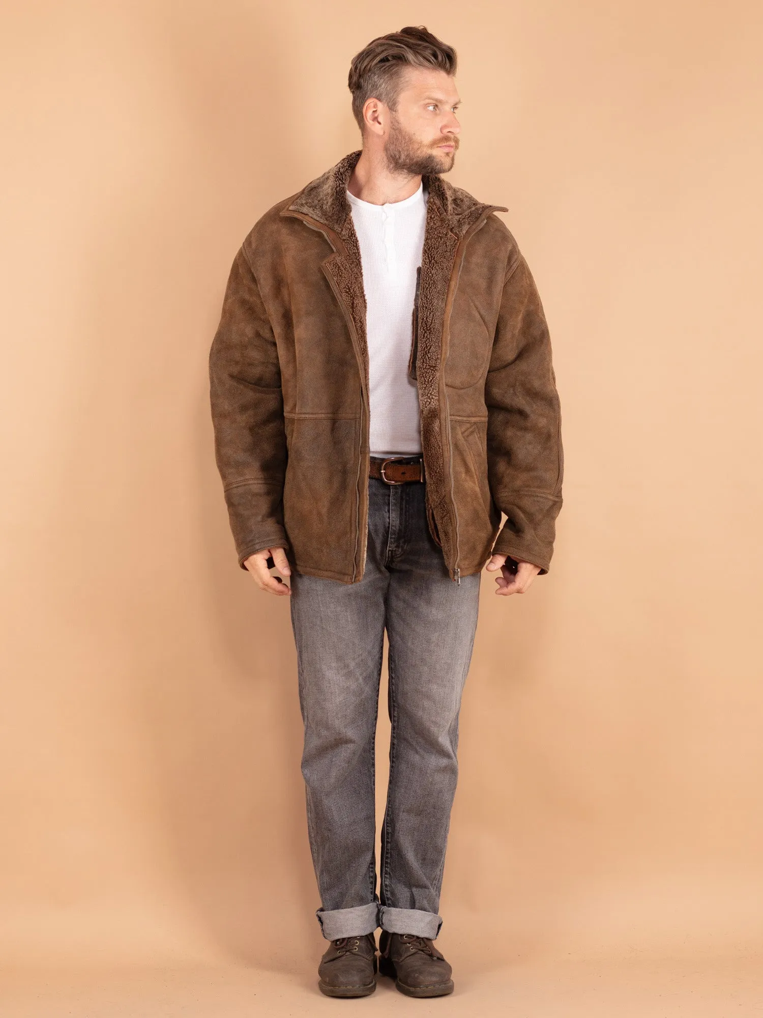 Vintage 90's Men Shearling Coat in Brown