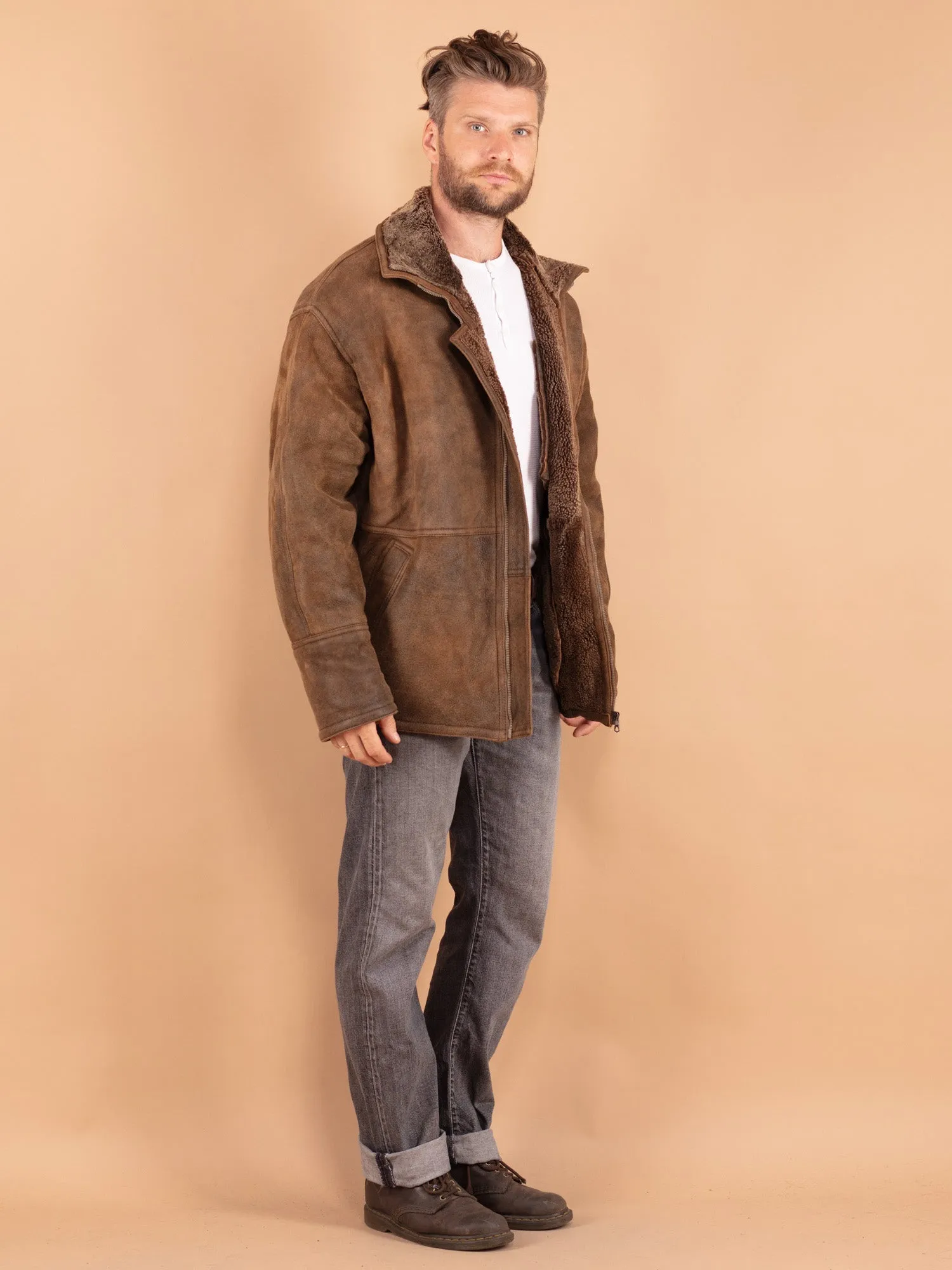 Vintage 90's Men Shearling Coat in Brown