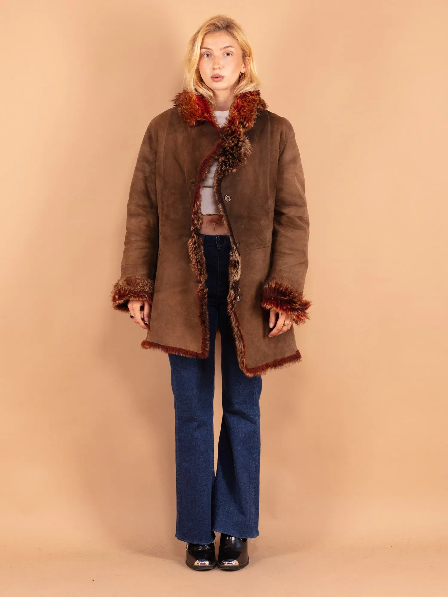 Vintage 90's Women Sheepskin Shearling Coat in Brown